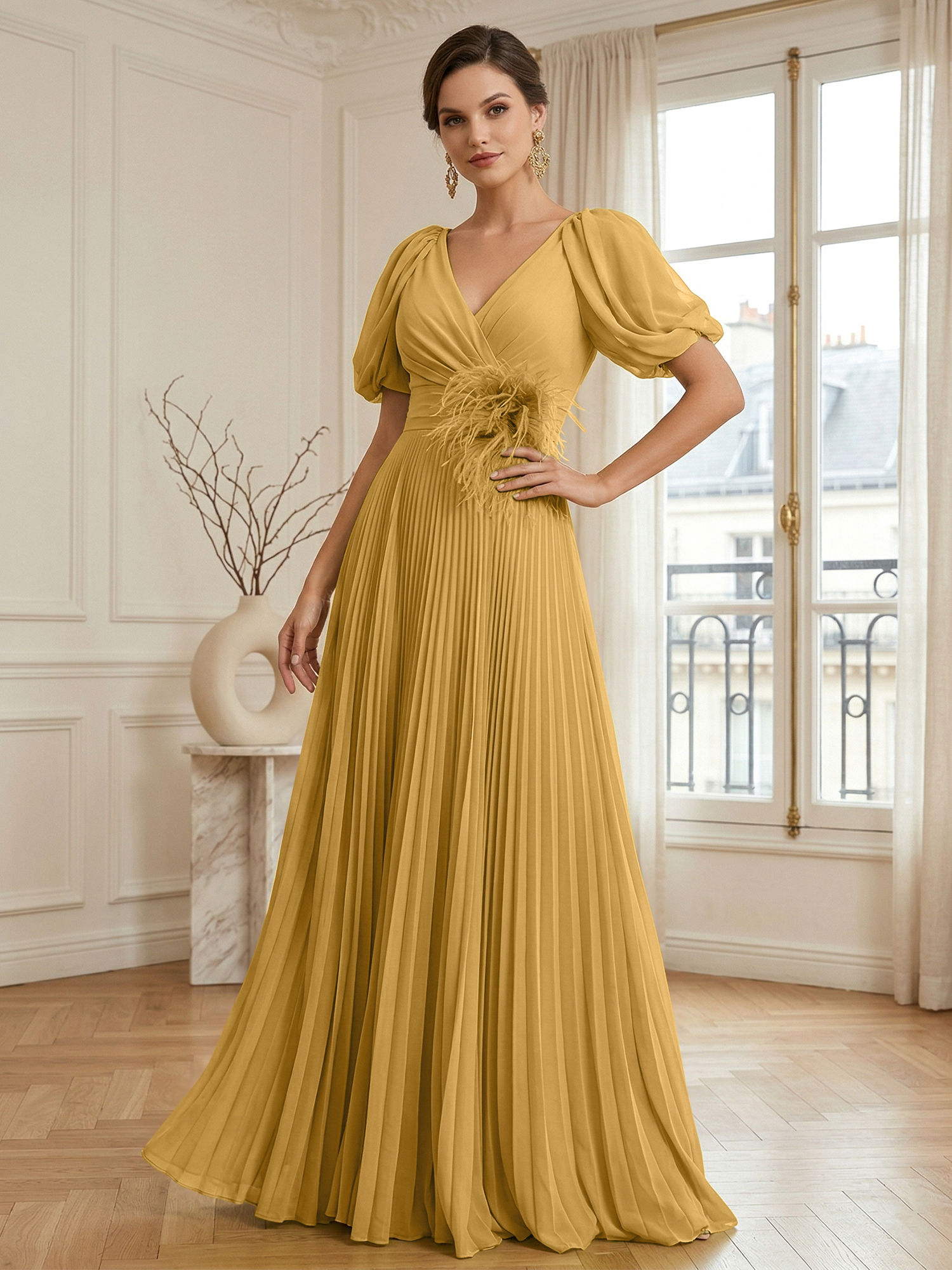 A-Line Chiffon Evening Gown with Feather V-Neck Short Sleeves Formal Dress