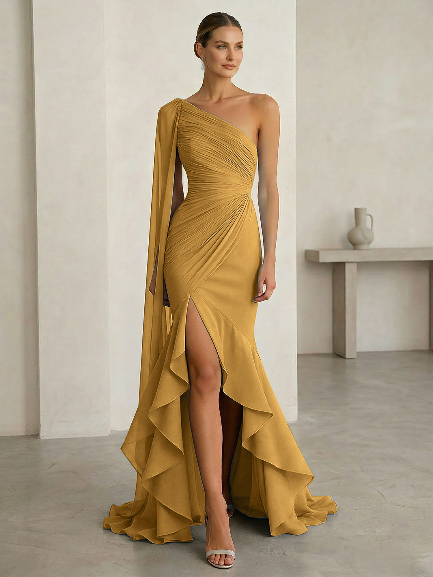 One-Shoulder Cape Sleeve Draped Mermaid Gown with Ruffle Hem
