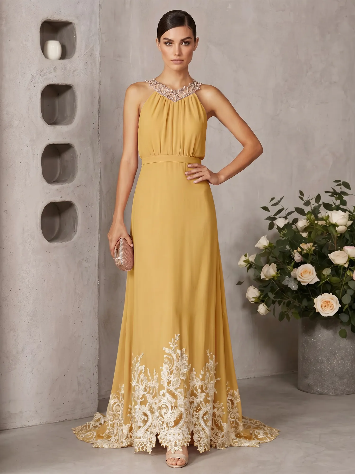 Halter Neck Beaded Chiffon Gown with Lace Hem