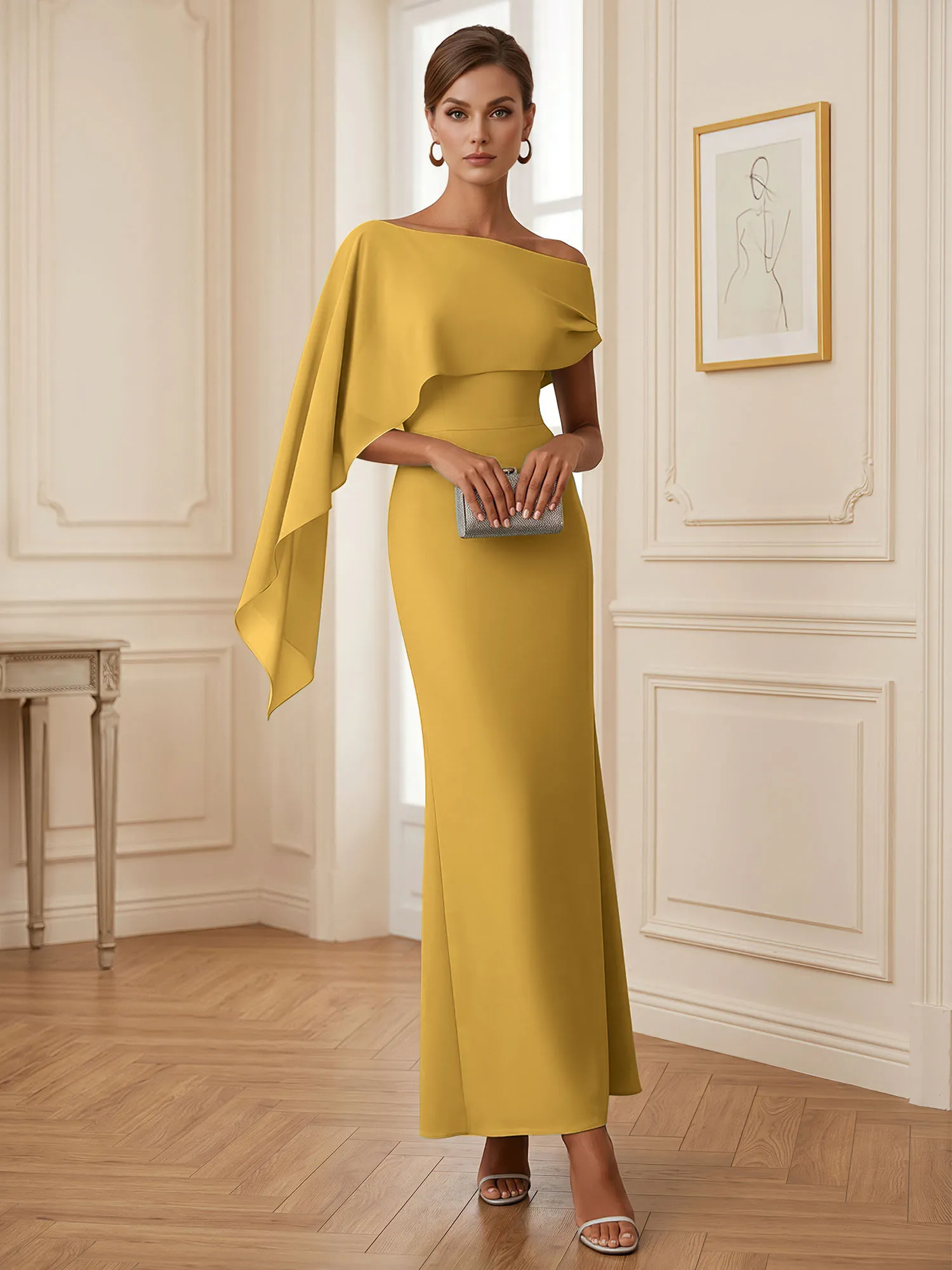 One-Shoulder Chiffon Overlay Mermaid Evening Gown