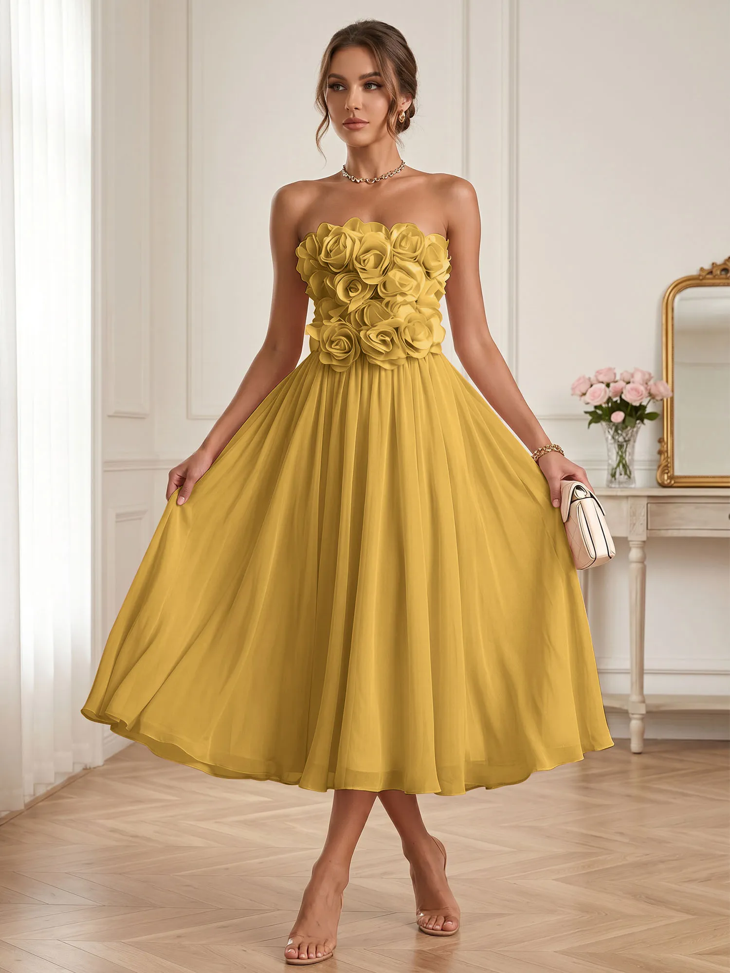 Strapless 3D Floral Chiffon A-Line Midi Formal Dress