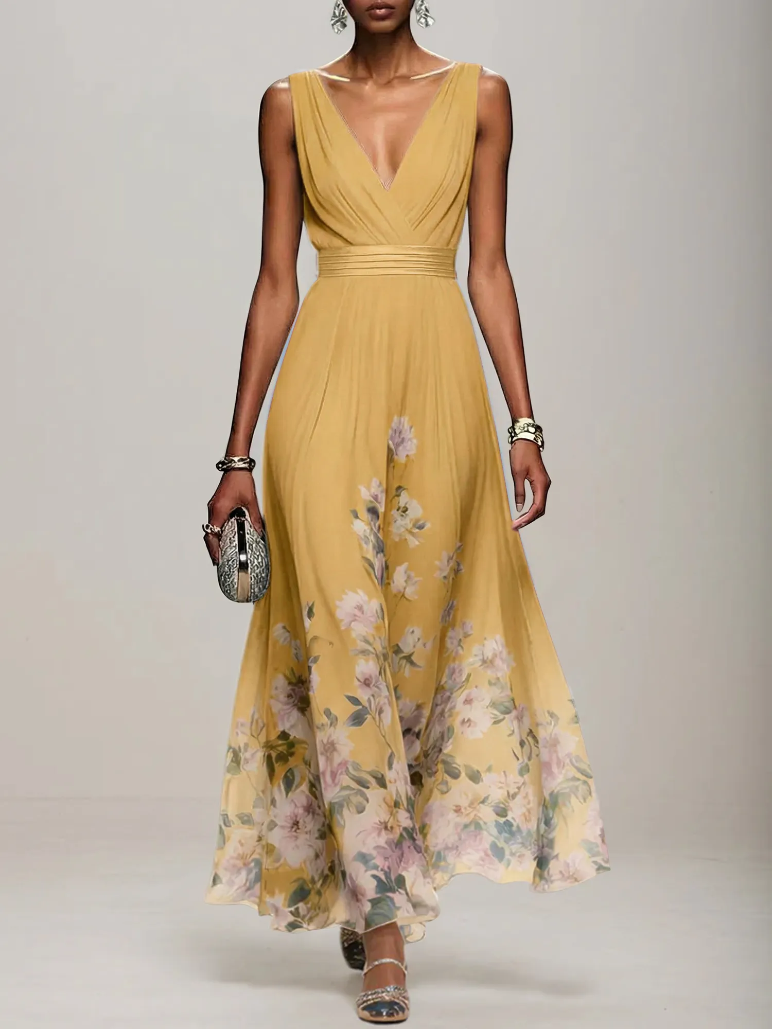 V-Neck Floral Print Chiffon Maxi Evening Dress with Satin Waist Bow