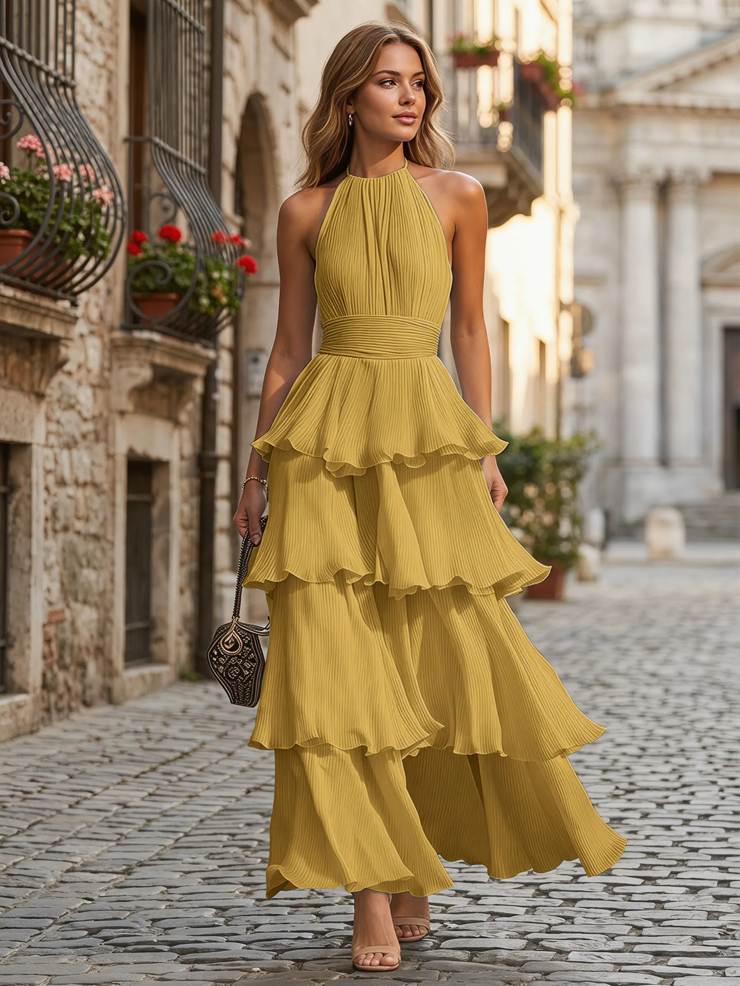 A Line Halter Neck Tiered Ruffle Chiffon Evening Dress