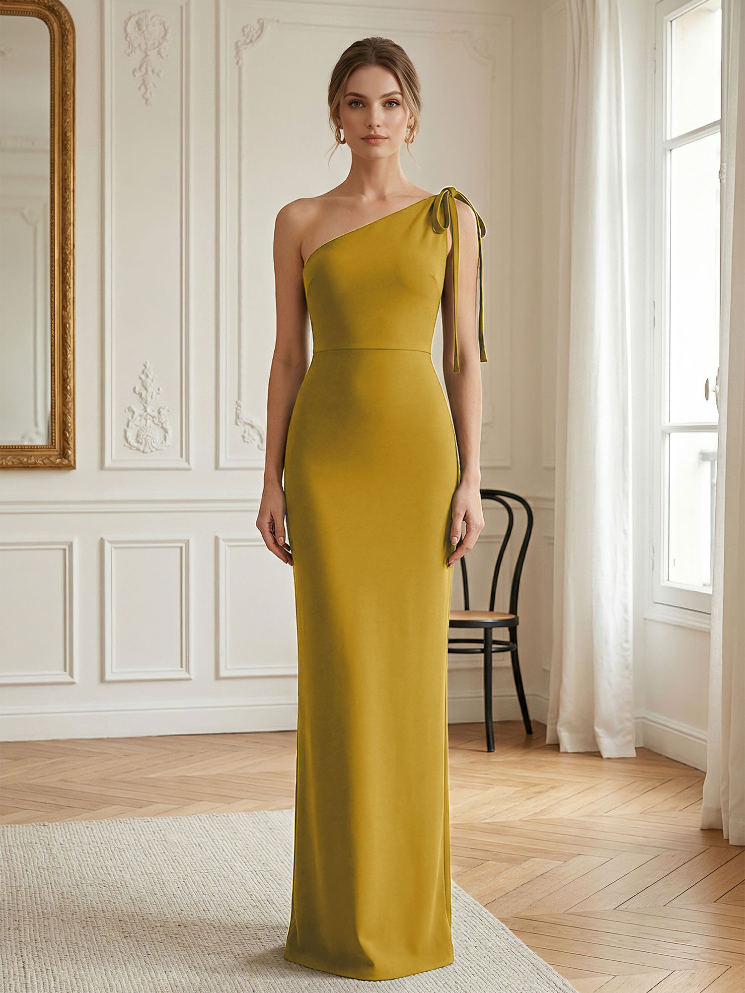 Elegant Formal Evening Gown Green One-Shoulder Tie-Strap Maxi Dress