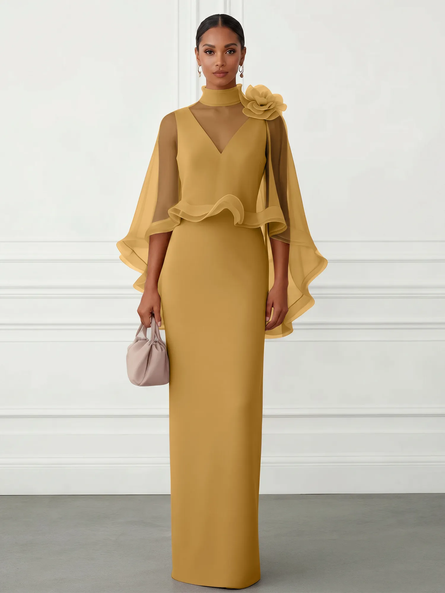 High-Neck Chiffon Cape Sleeve Sheath Evening Gown