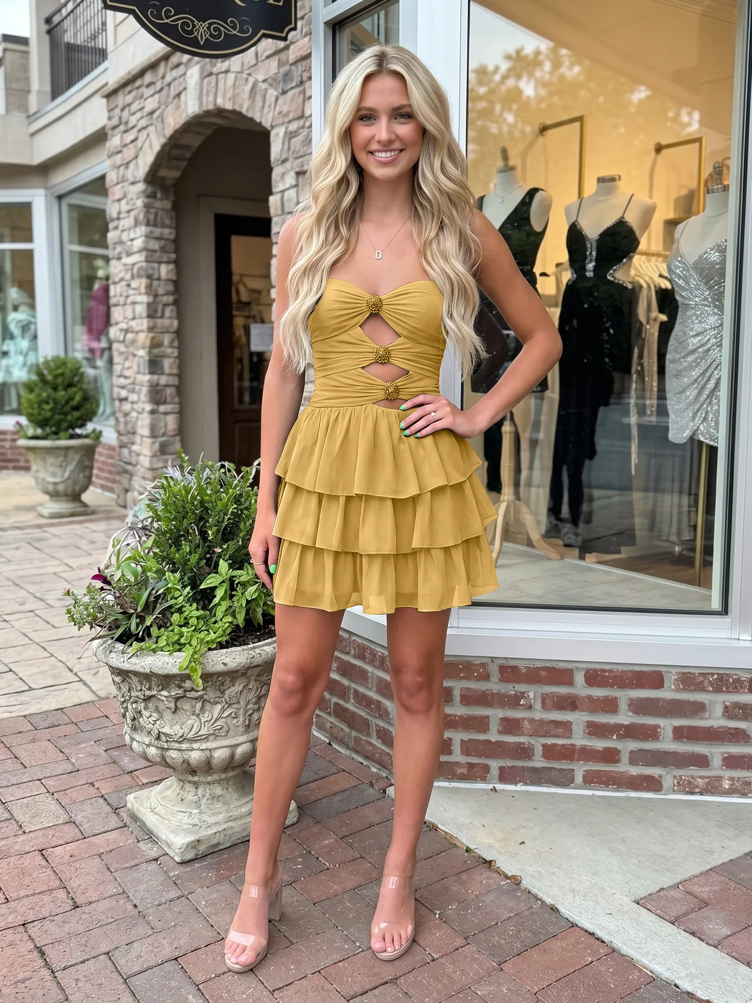 Strapless Cutout Tiered Ruffle Chiffon Homecoming Dress