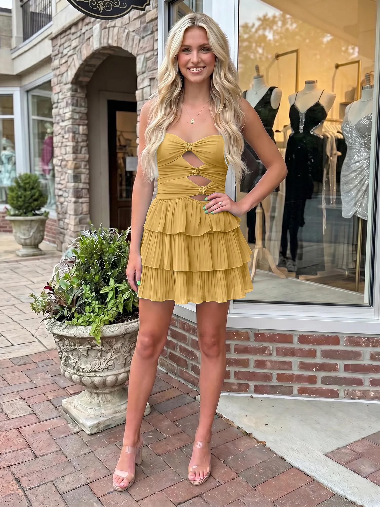 A Line Strapless Cutout Tiered Chiffon Homecoming Dress