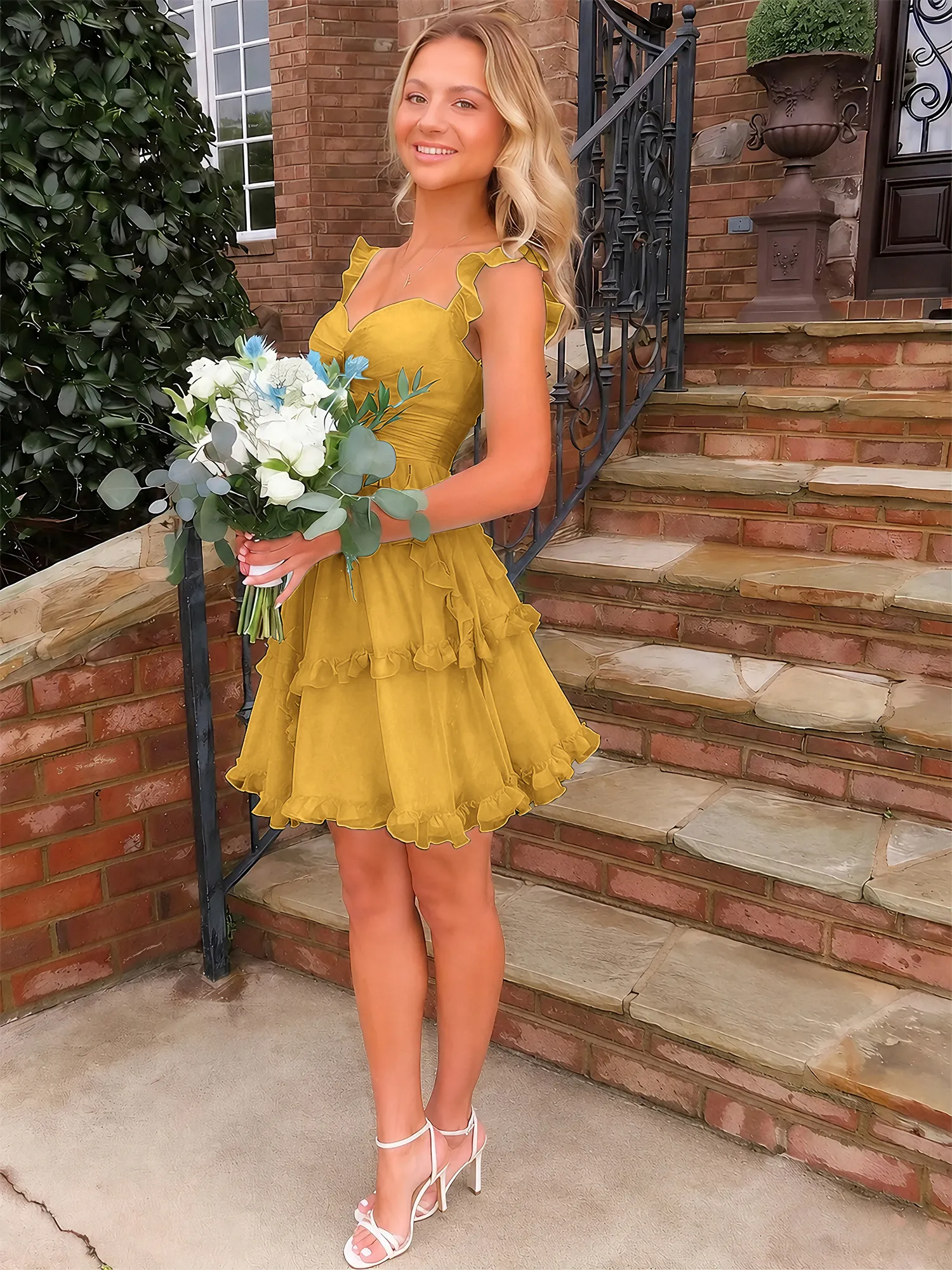 A Line Ruffled Tiered Chiffon Homecoming Dress with Lace-Up Back