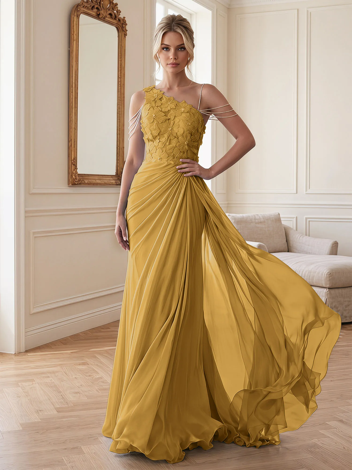 One-Shoulder Floral Lace Chiffon Evening Gown