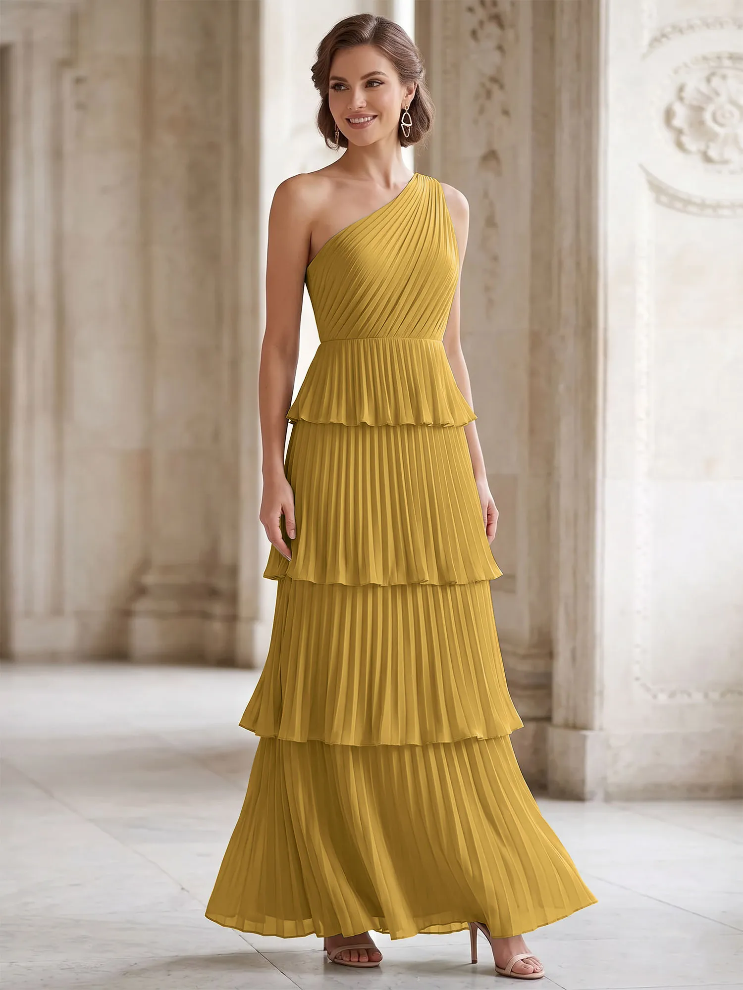 One-Shoulder Tiered Pleated Chiffon Evening Gown