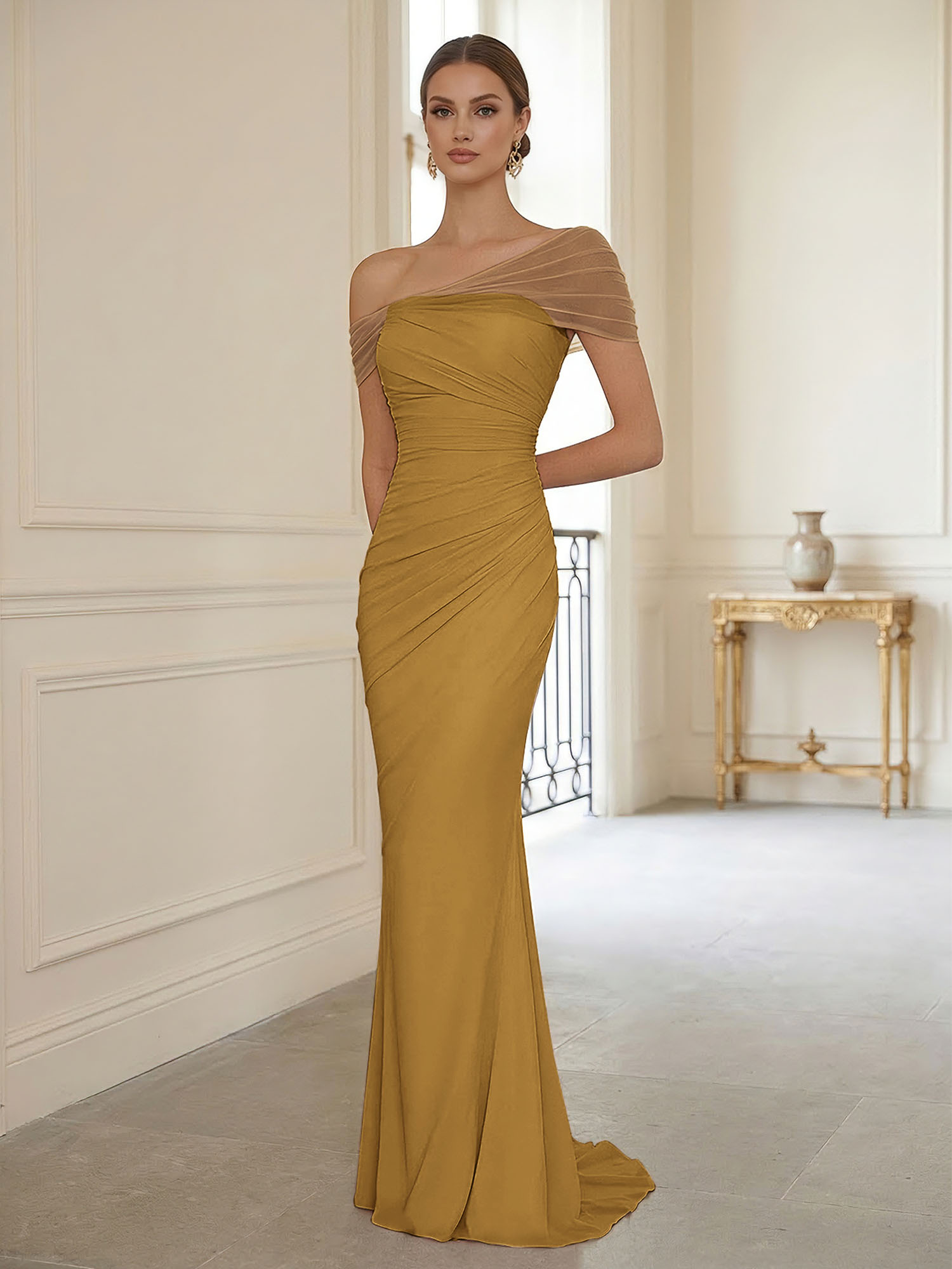 Sophisticated Blush Pink Asymmetrical Ruched Maxi Dress Evening Gown