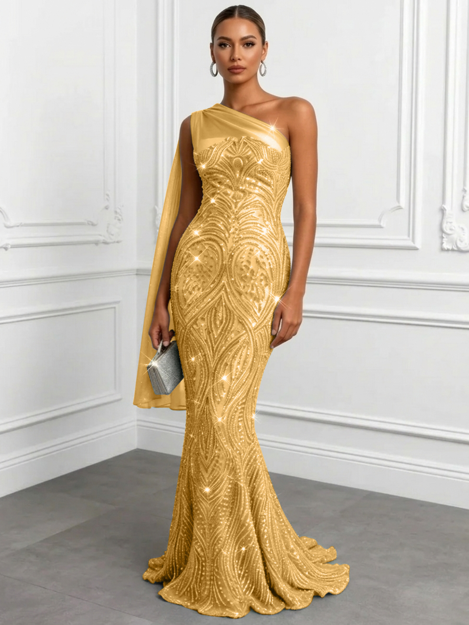 Shimmering Sage One-Shoulder Sequin Mermaid Evening Dress