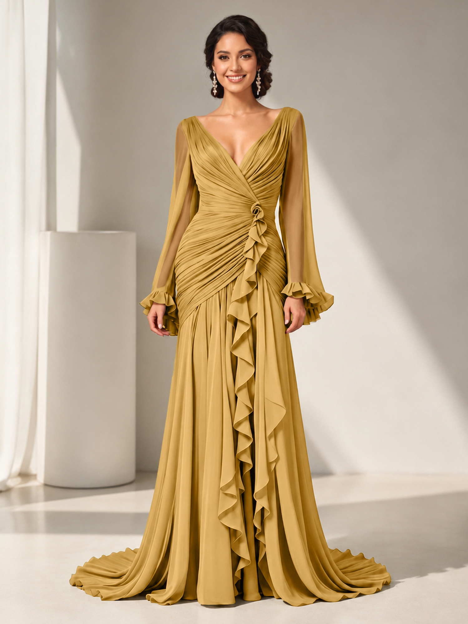 Grecian Olive Green Ruched Long-Sleeve Cascading Ruffle Formal Evening Dress
