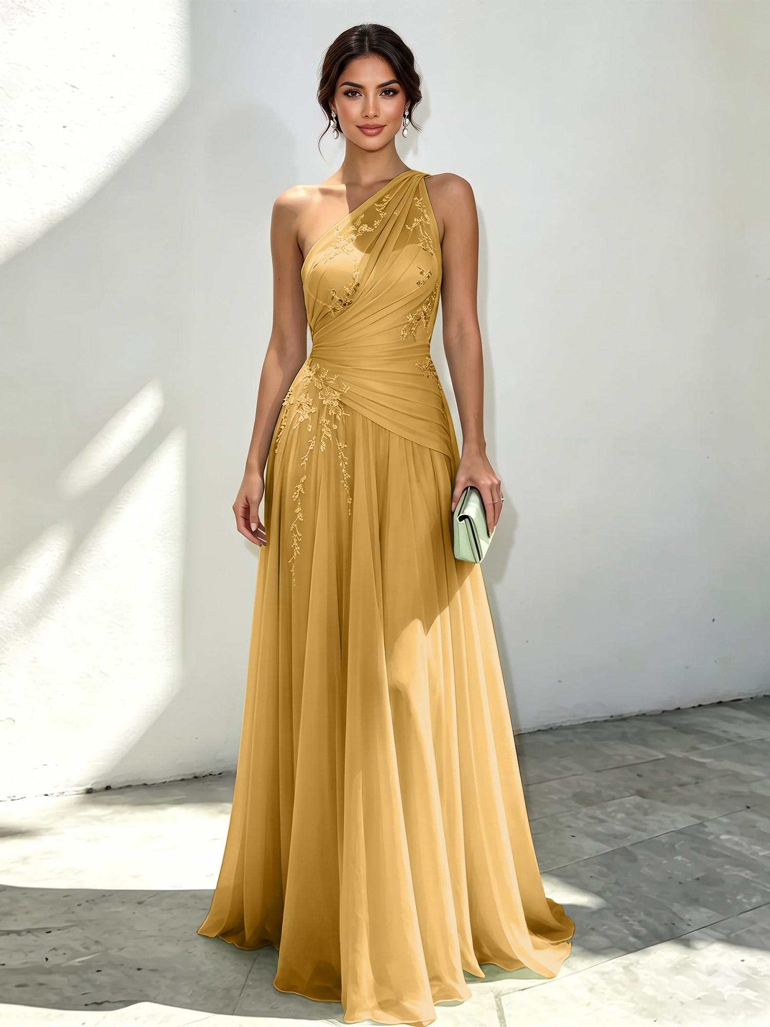 Ethereal Mint Green One-Shoulder Chiffon Evening Dress with Delicate Floral Embroidery