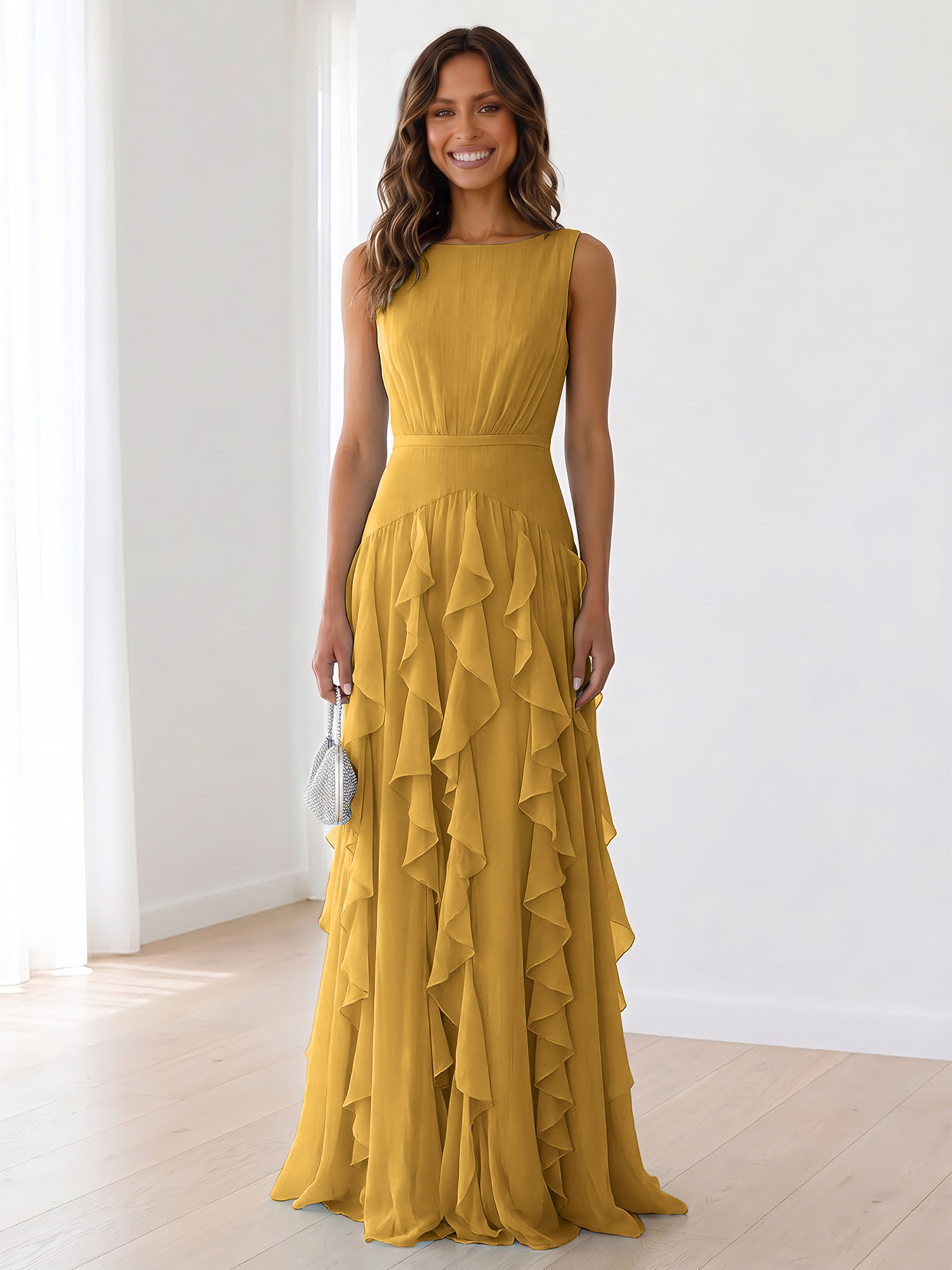 Ethereal Powder Blue Cascading Ruffle Maxi Formal Evening Dress