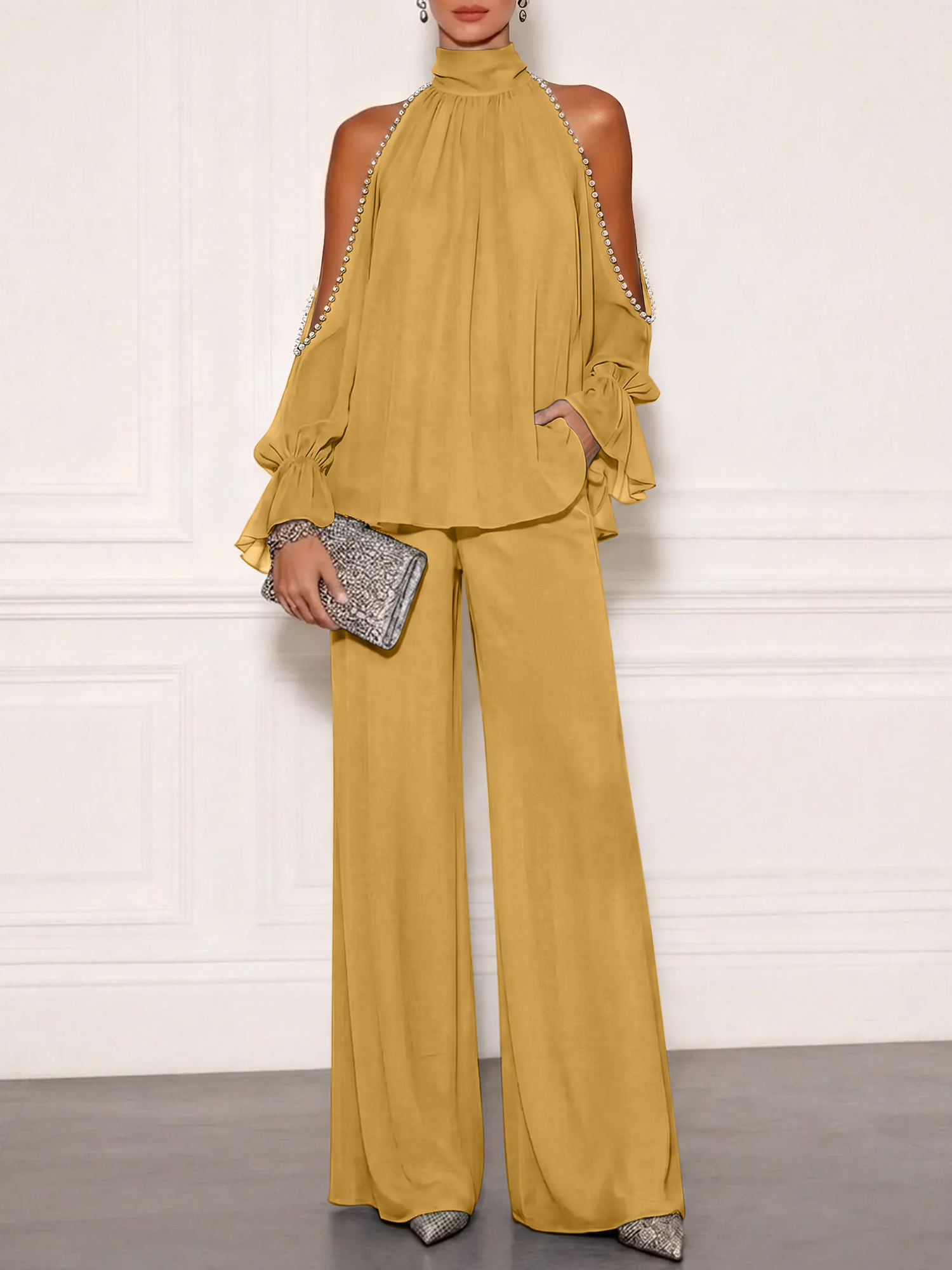 Sophisticated Embellished Cold Shoulder Formal Evening Jumpsuit