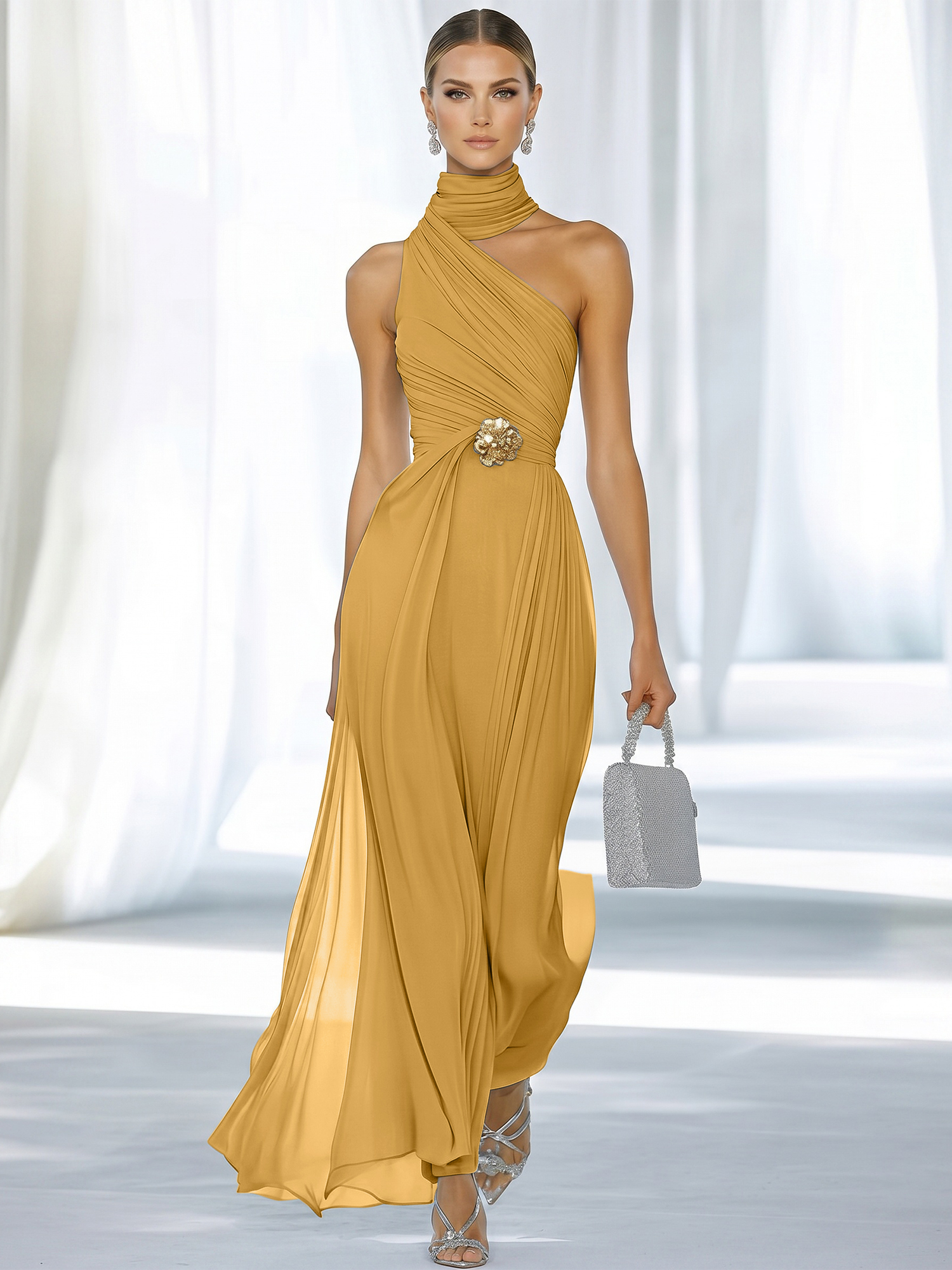 Sky Blue Pleated Chiffon Halter Strapless Formal Evening Dress