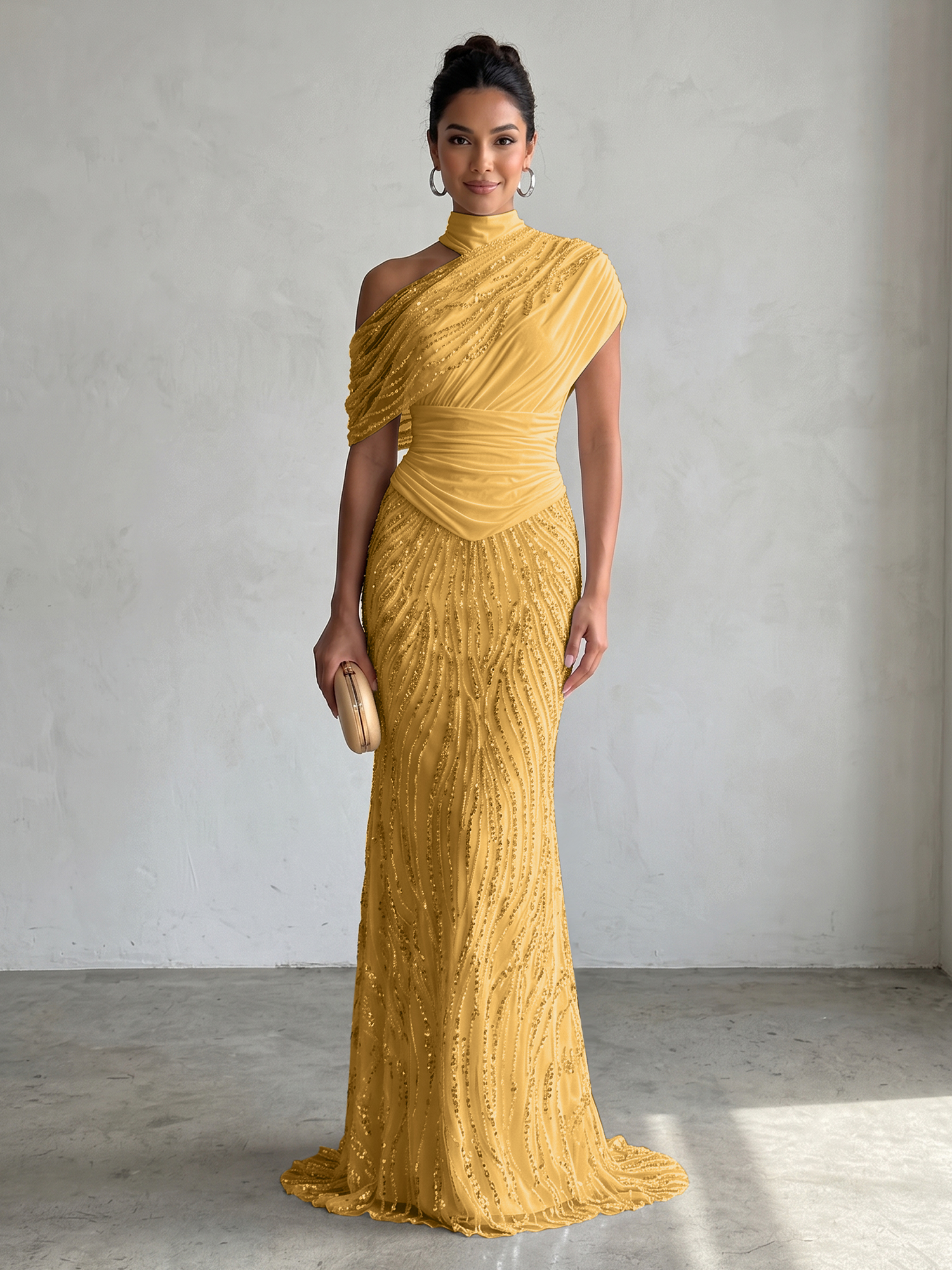 Ethereal White Beaded High-Neck Draped Sheath Formal Evening Dress