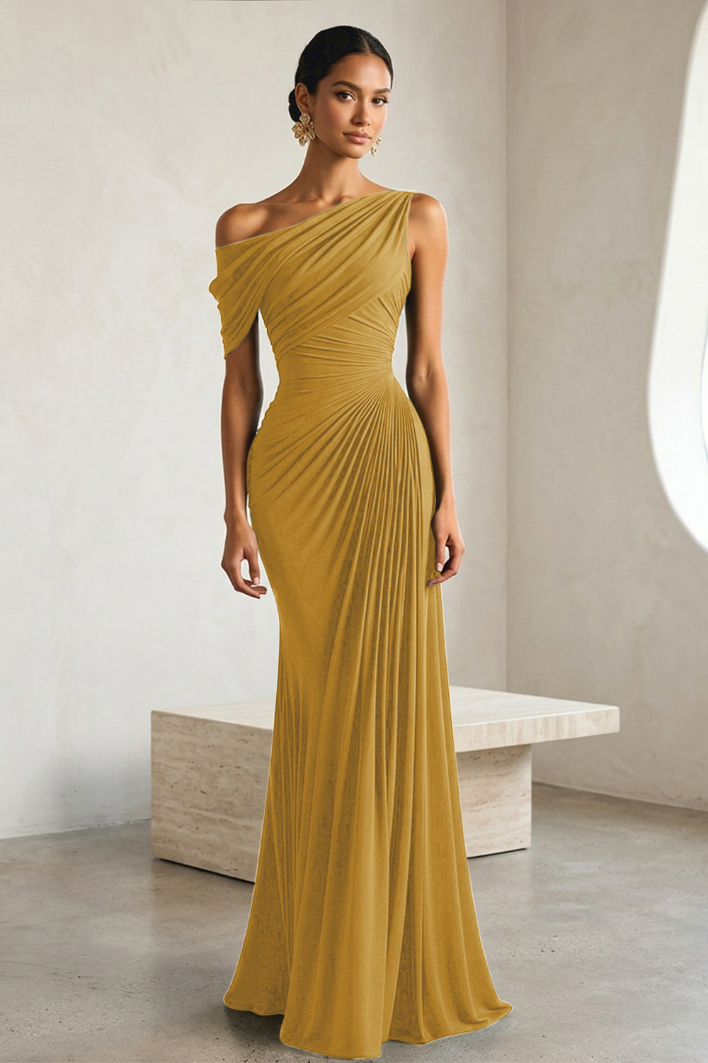 Timeless Black Architectural One-Shoulder Sheath Evening Gown