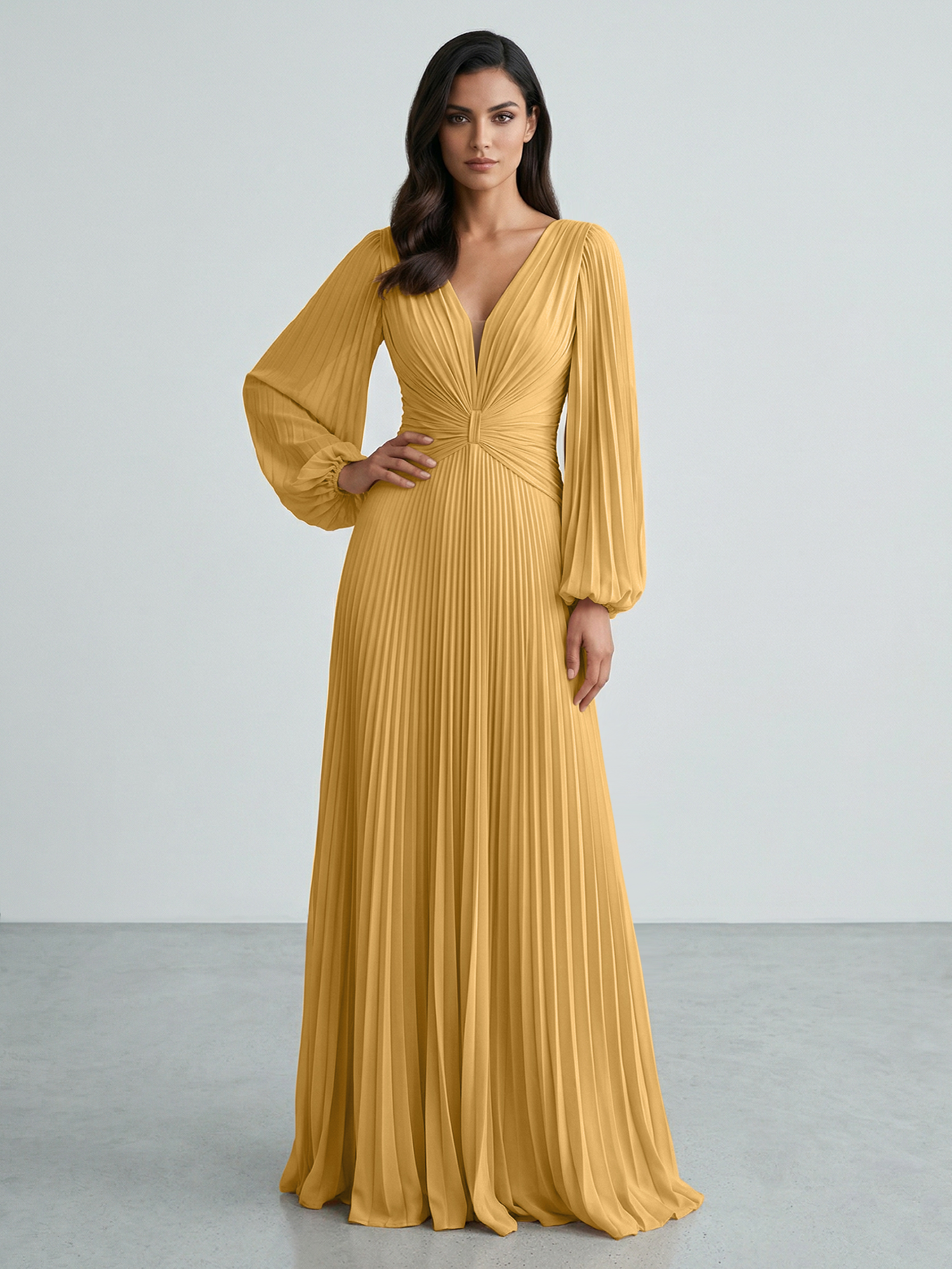 Slate Blue Plunging V-Neck Pleated Long Sleeve Maxi Dress Gown