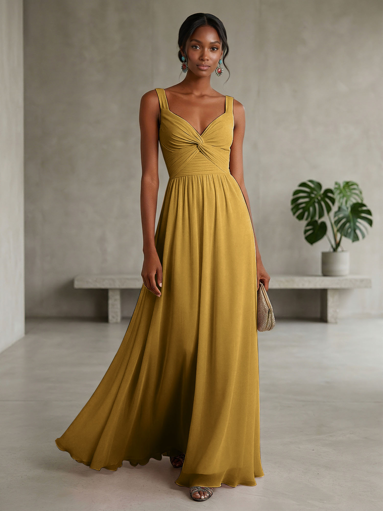 Elegant Soft Blush Twist-Front Chiffon Maxi Gown