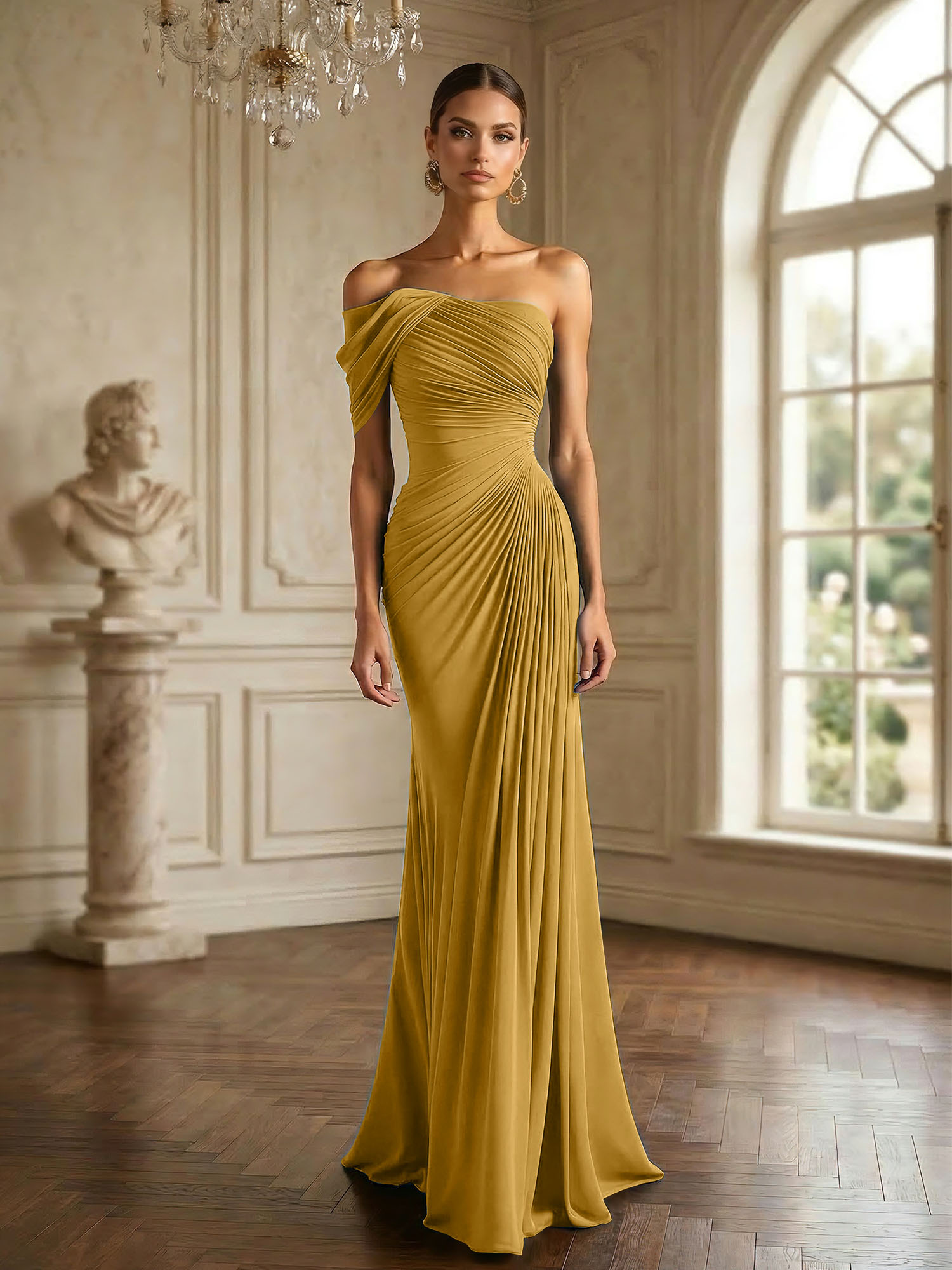 One Shoulder Pleat Mermaid Chiffon Evening Dresses for Women Gown