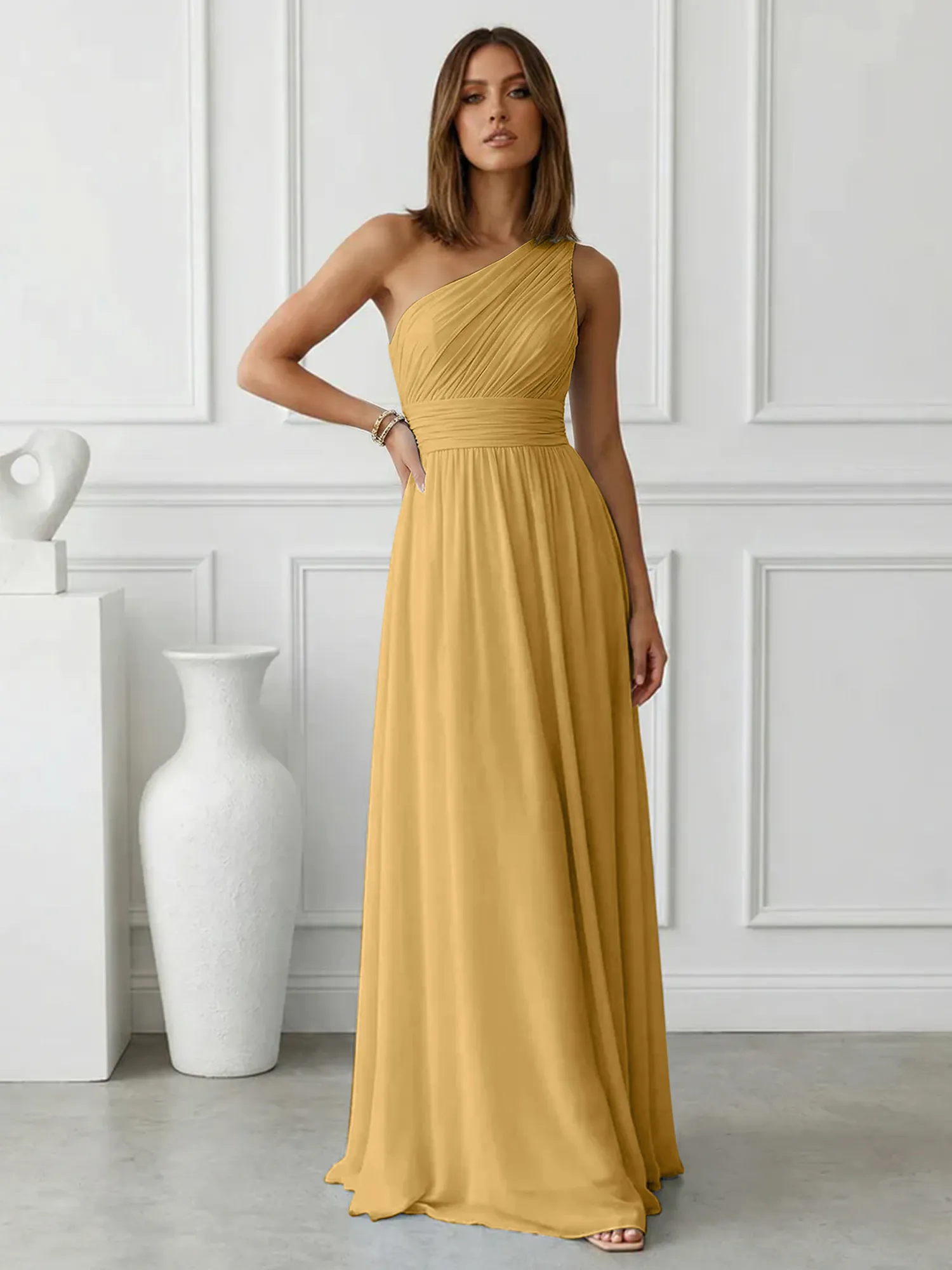 One-Shoulder Pleated Chiffon A-Line Evening Dress