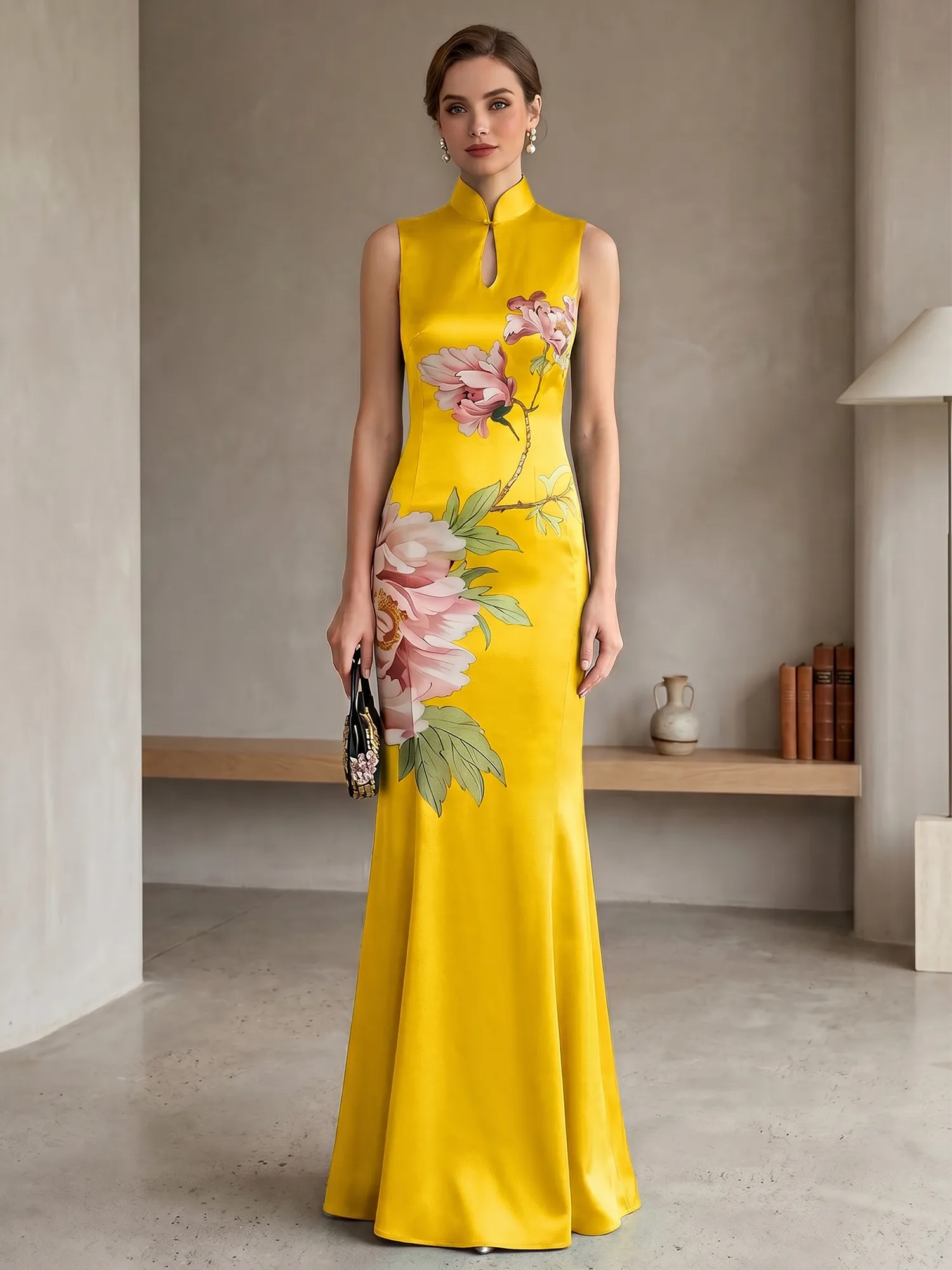 Satin Qipao-Inspired Floral Mermaid Evening Gown