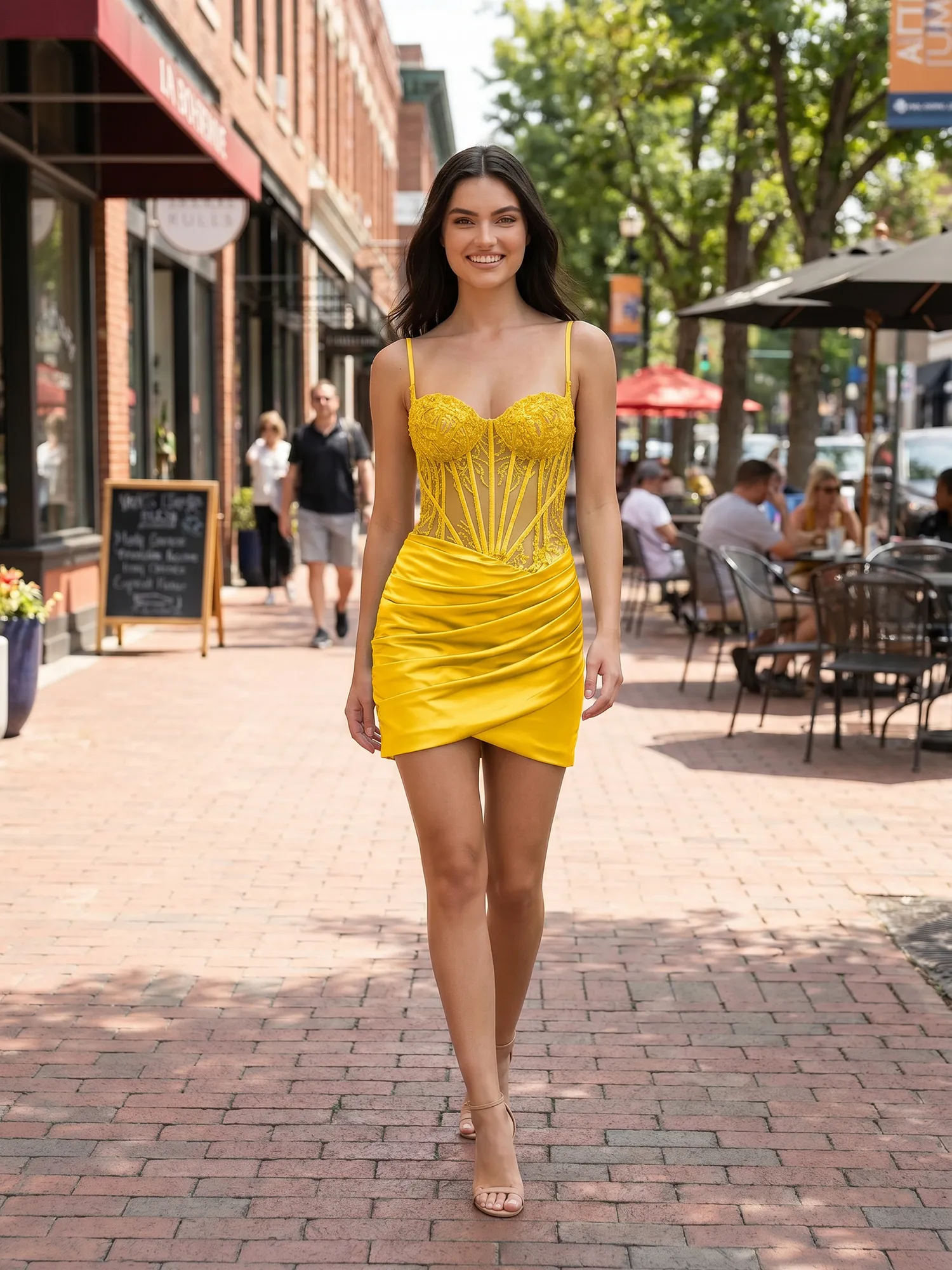 Spaghetti Straps Lace Corset Satin Homecoming Dress