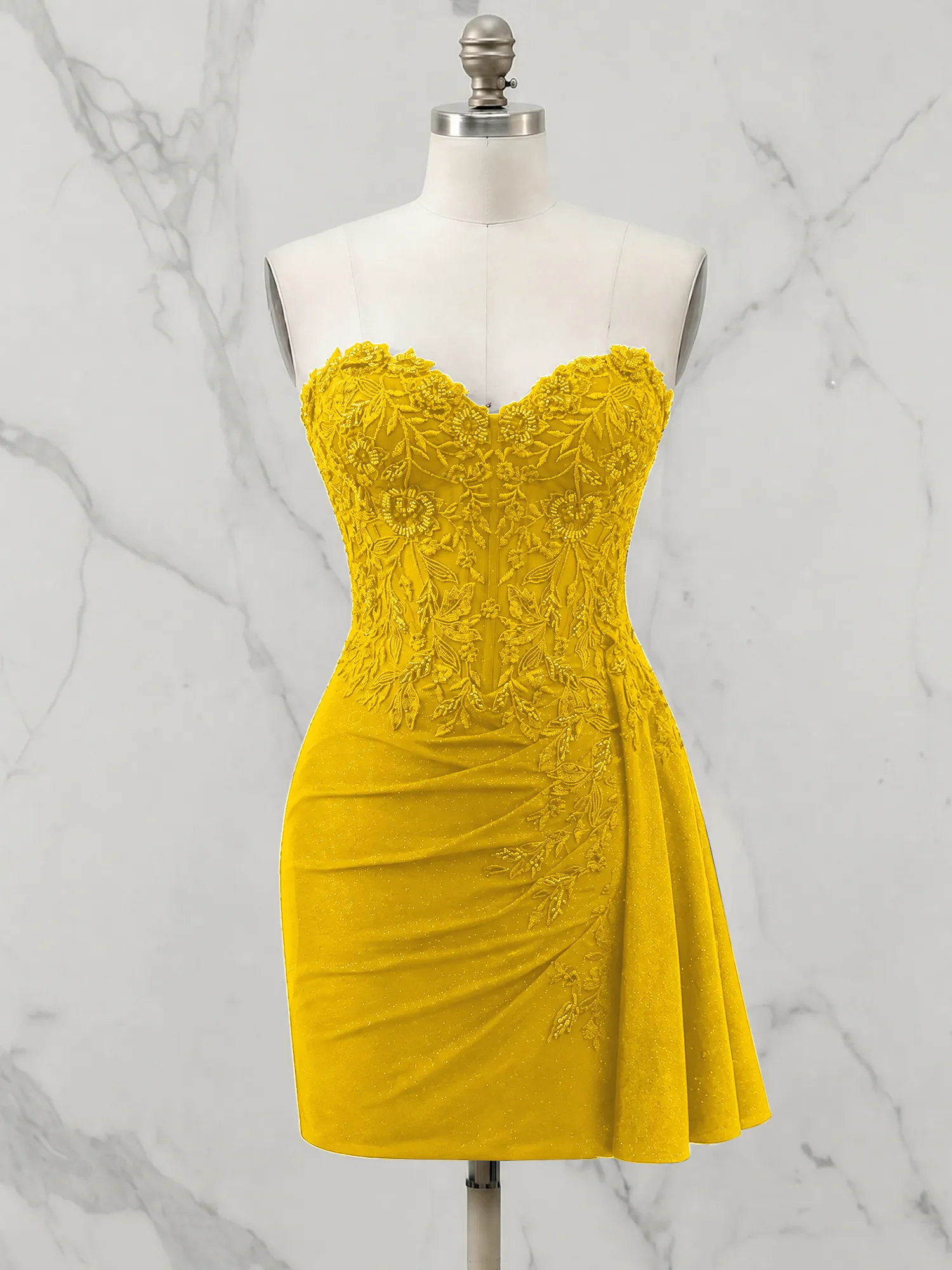 Strapless Lace Appliqué Glitter Homecoming Dress with Side Drape