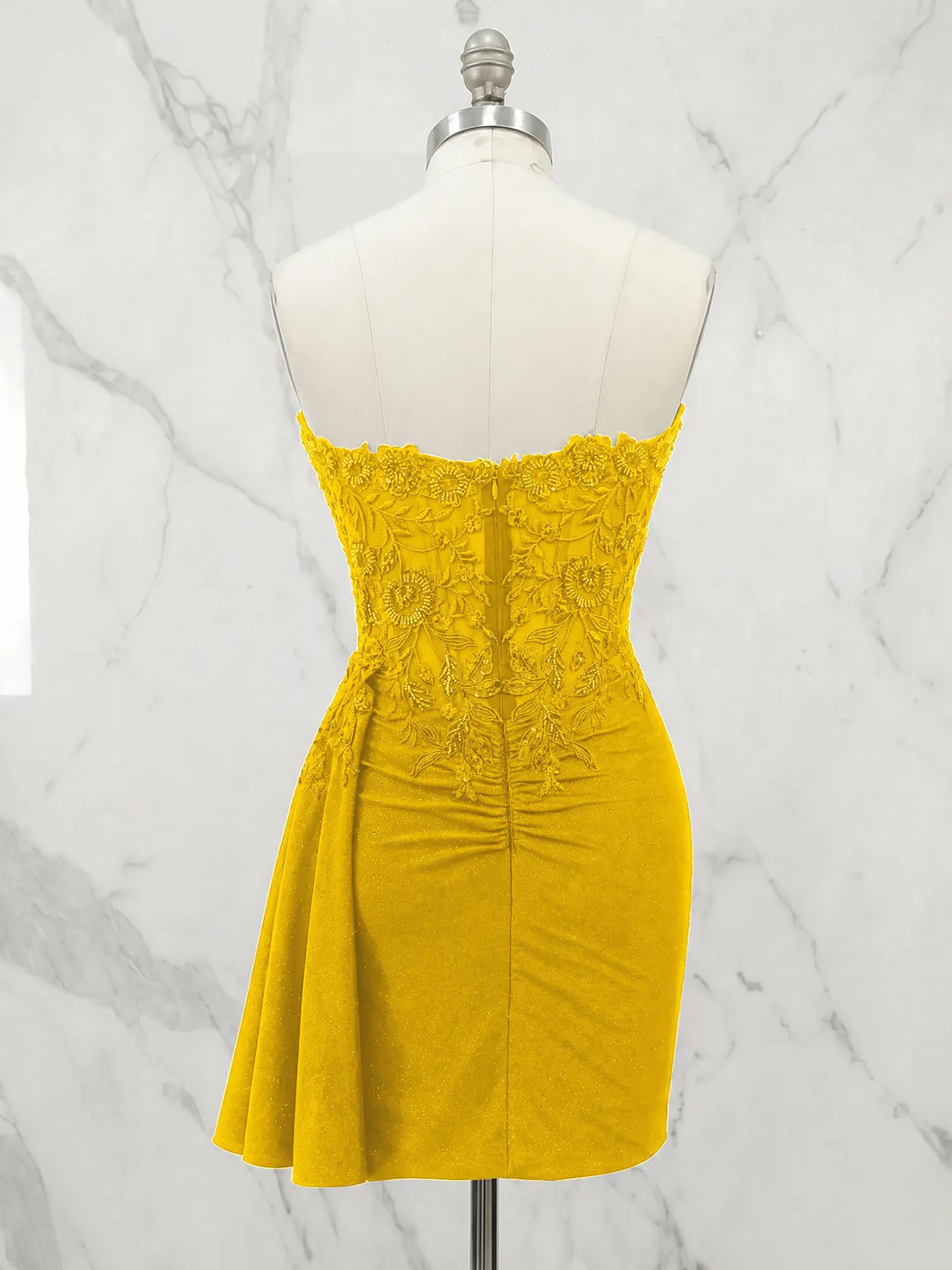 Strapless Lace Appliqué Glitter Homecoming Dress with Side Drape
