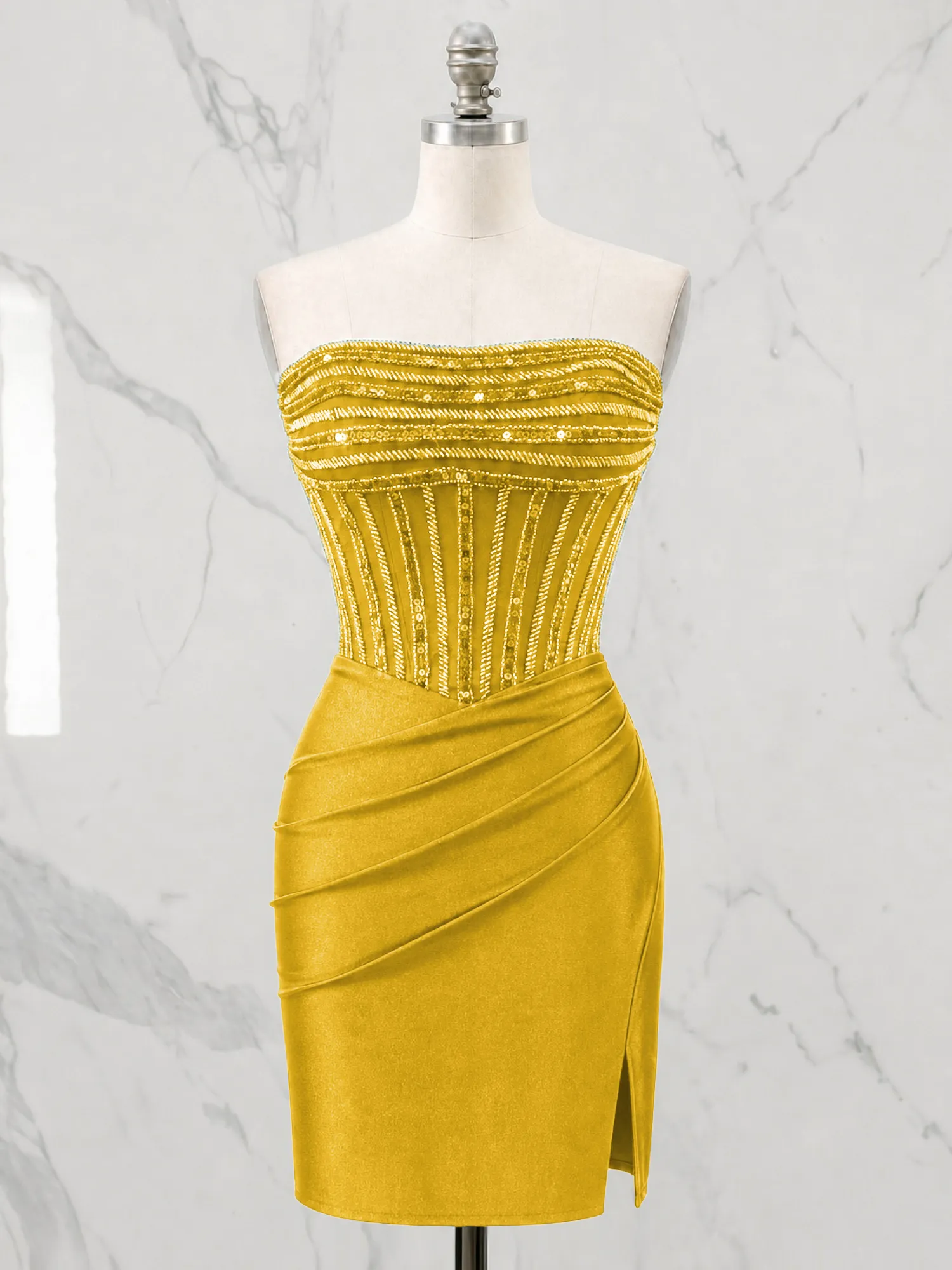 Strapless Beaded Corset Homecoming Dress with Ruched Skirt