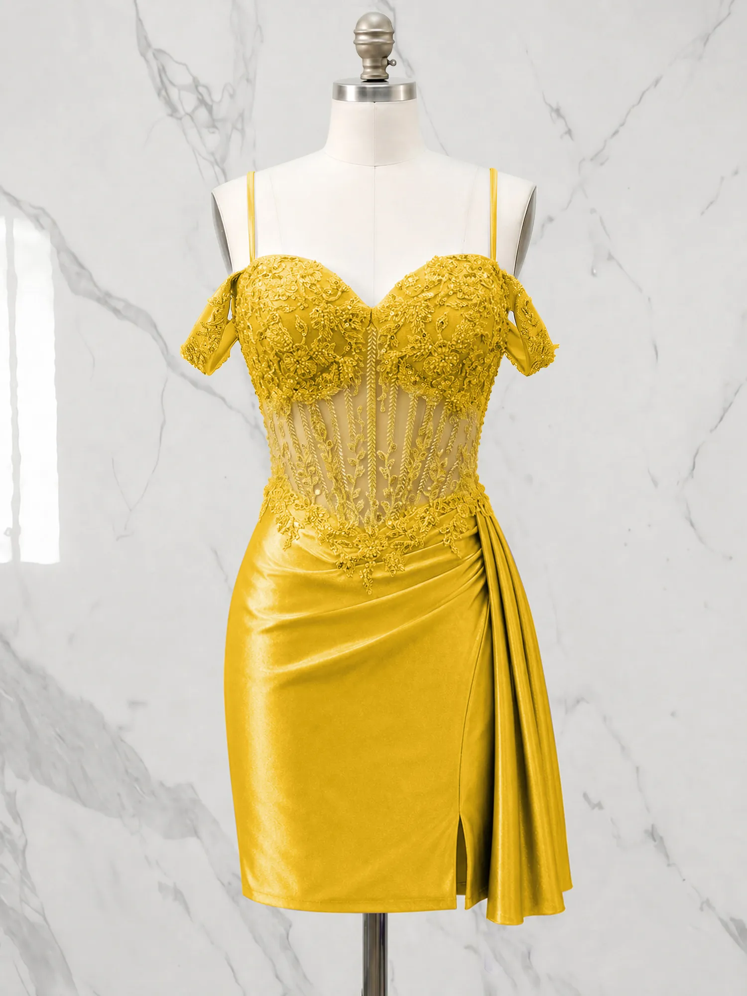 Off-the-Shoulder Lace Corset Homecoming Dress with Draped Skirt