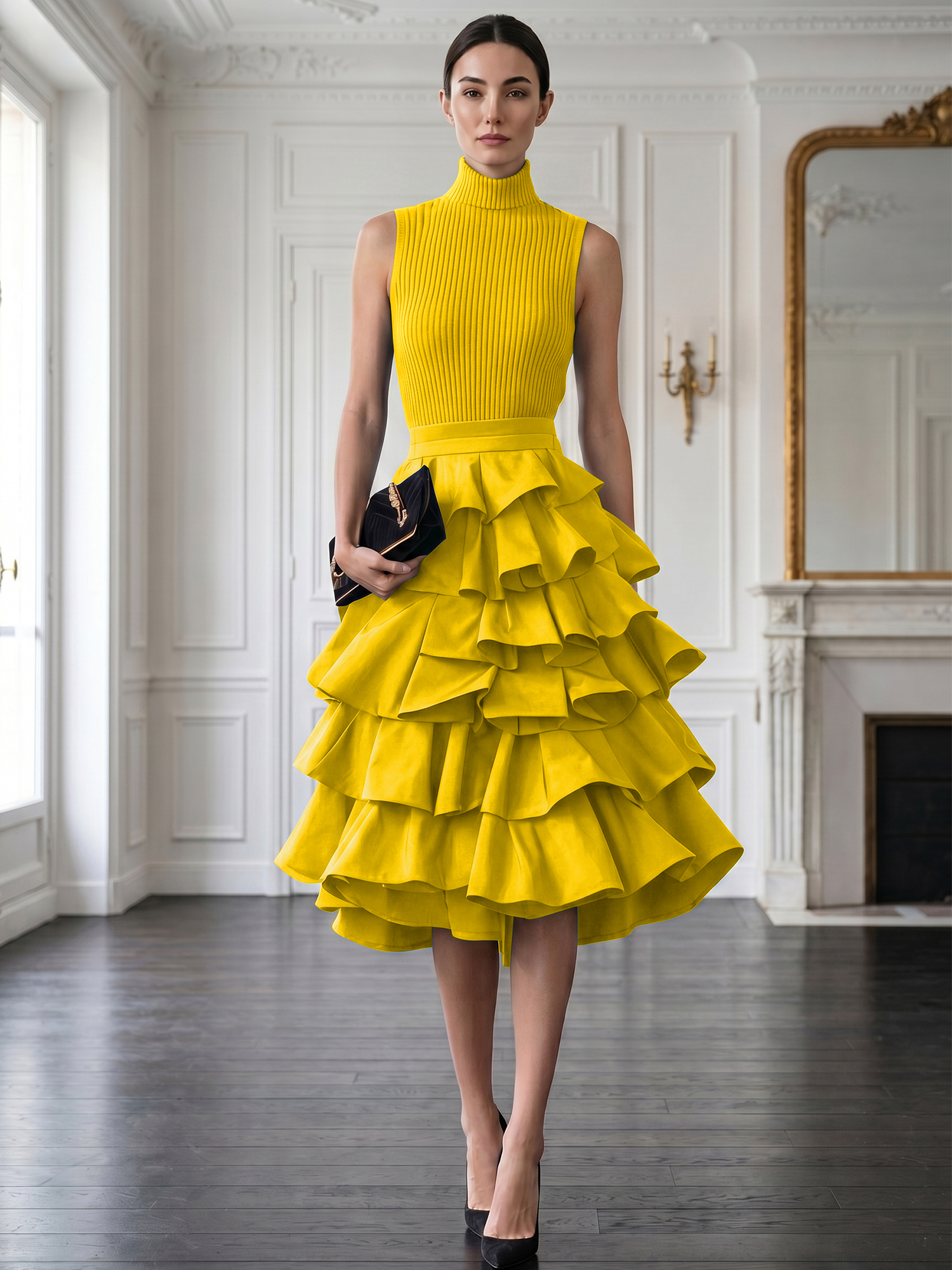 Avant-Garde Black High-Neck Tiered Ruffled Evening Gown