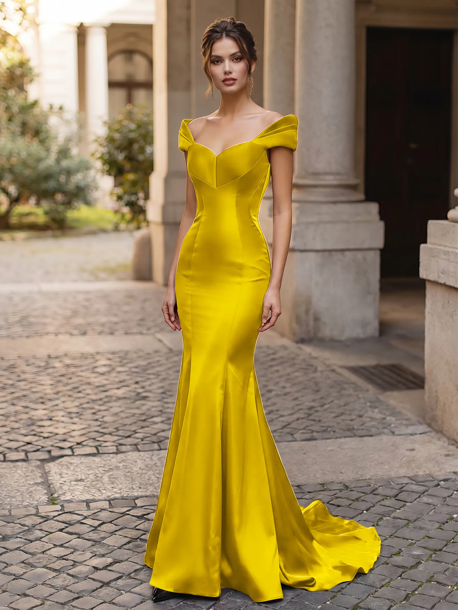 Off-the-Shoulder Sweetheart Lace-Up Back Satin Mermaid Prom Dress