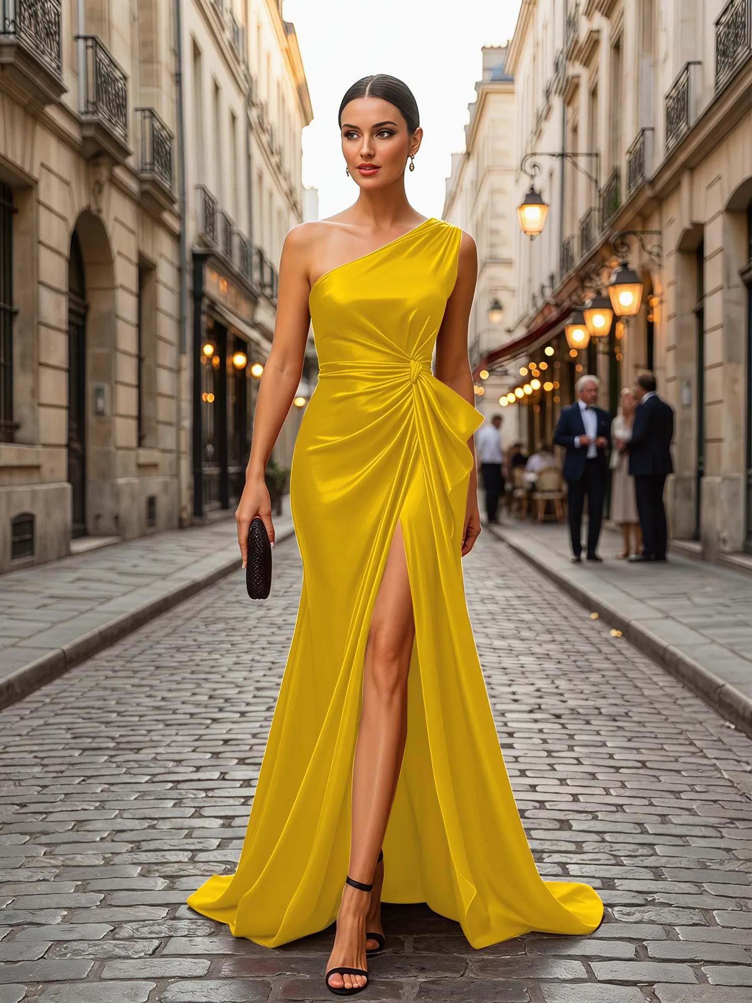 One-Shoulder Satin Gown with Waist Knot and Slit