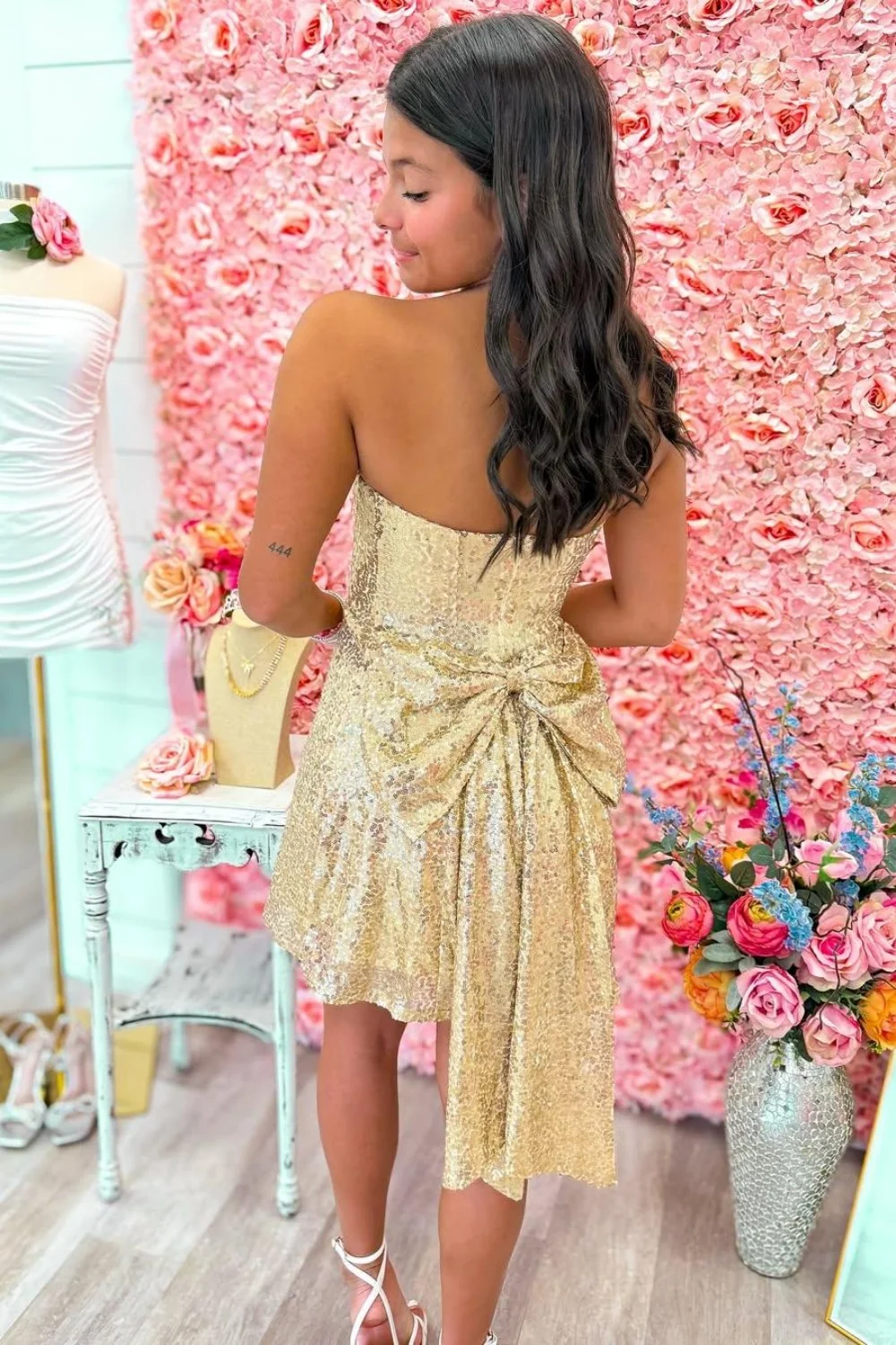 Gold Sequin Strapless Homecoming Dress with Dramatic Back Bow