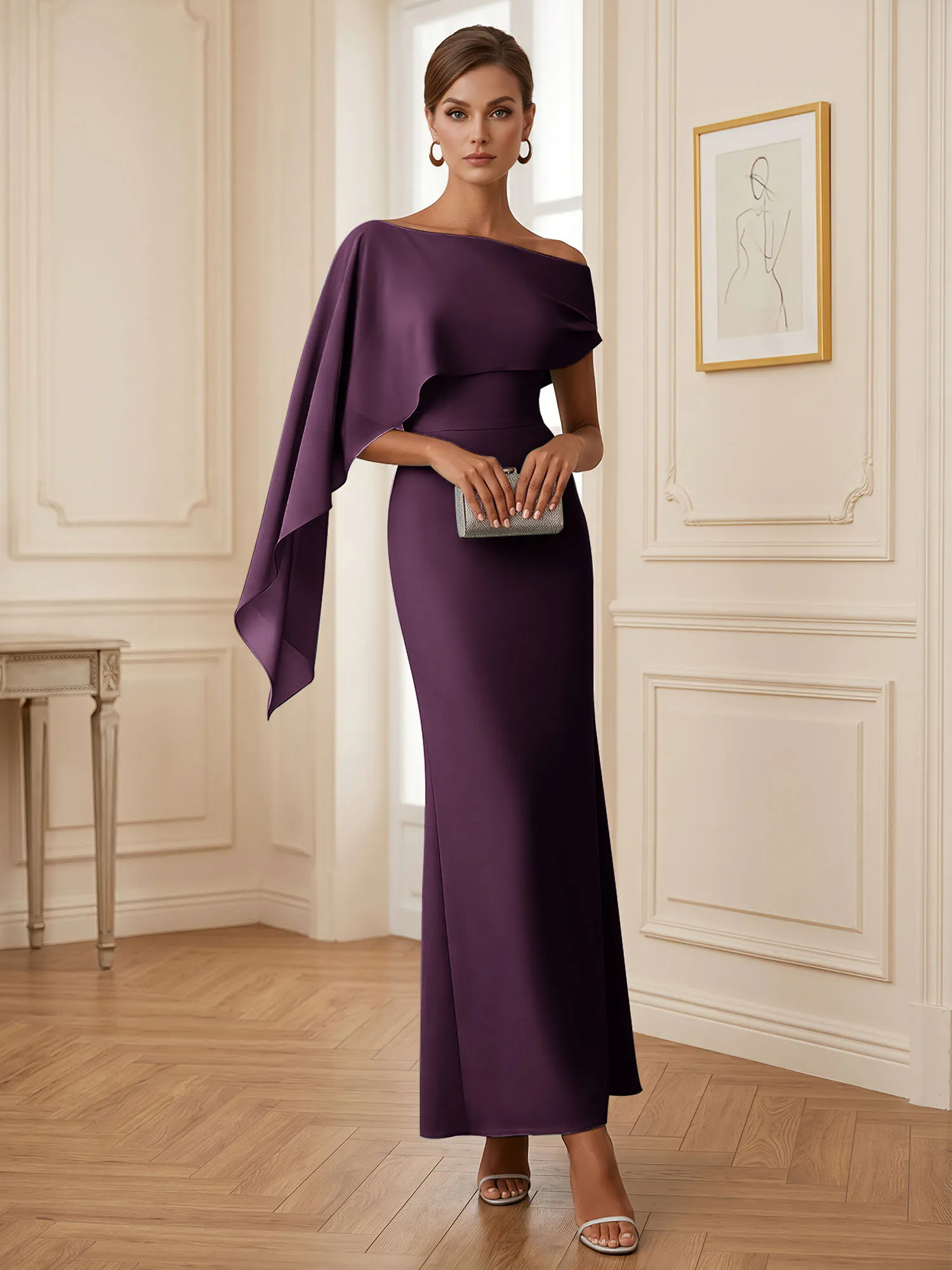One-Shoulder Chiffon Overlay Mermaid Evening Gown
