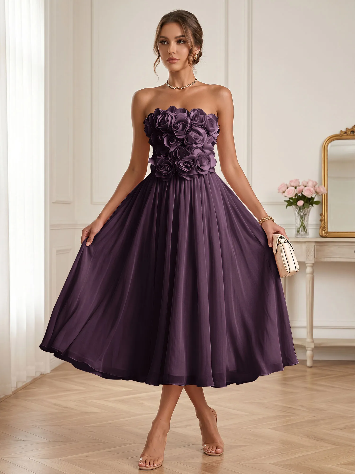 Strapless 3D Floral Chiffon A-Line Midi Formal Dress