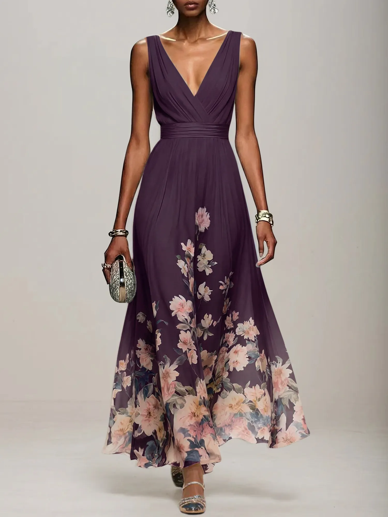 V-Neck Floral Print Chiffon Maxi Evening Dress with Satin Waist Bow