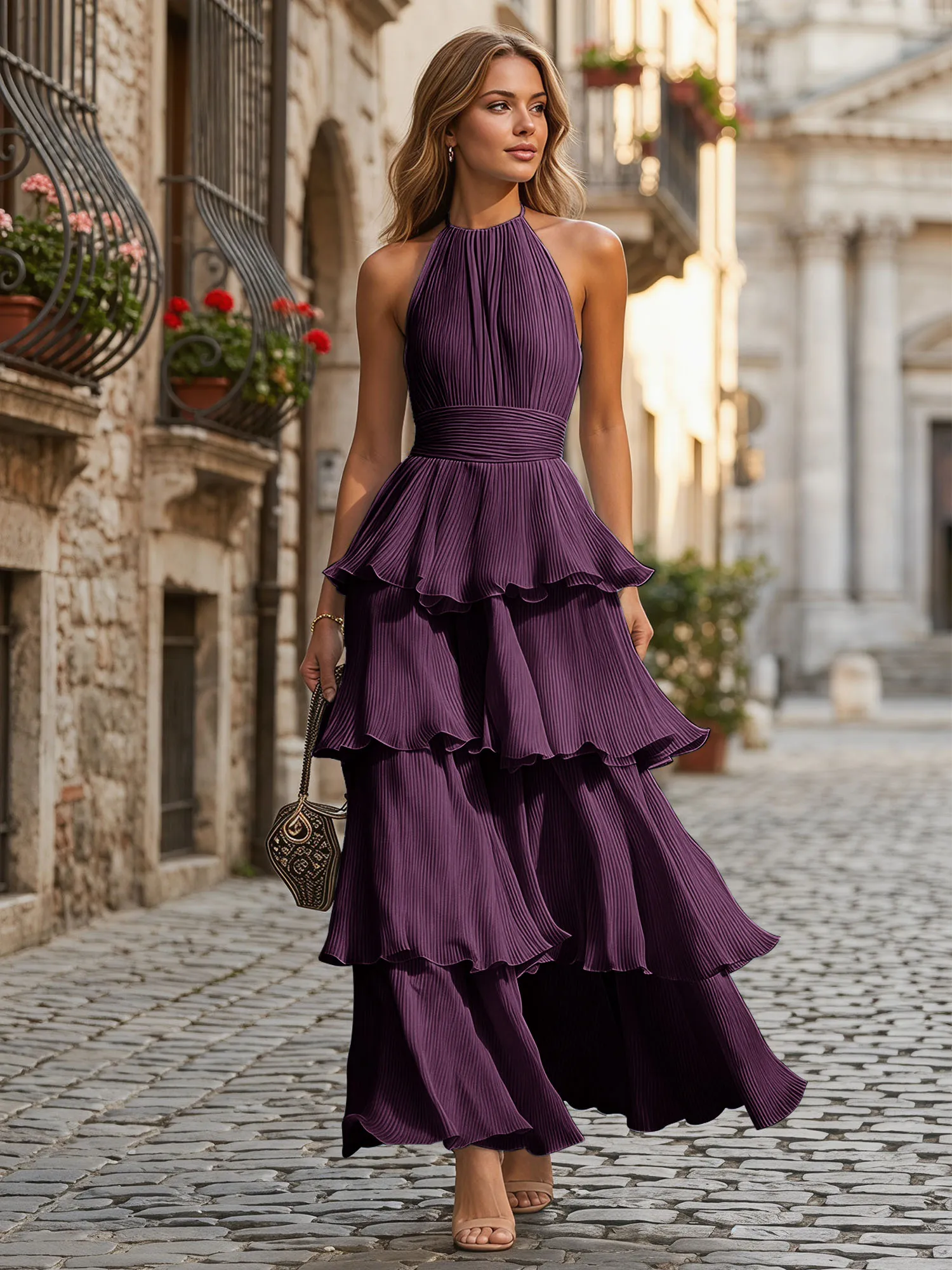 A Line Halter Neck Tiered Ruffle Chiffon Evening Dress