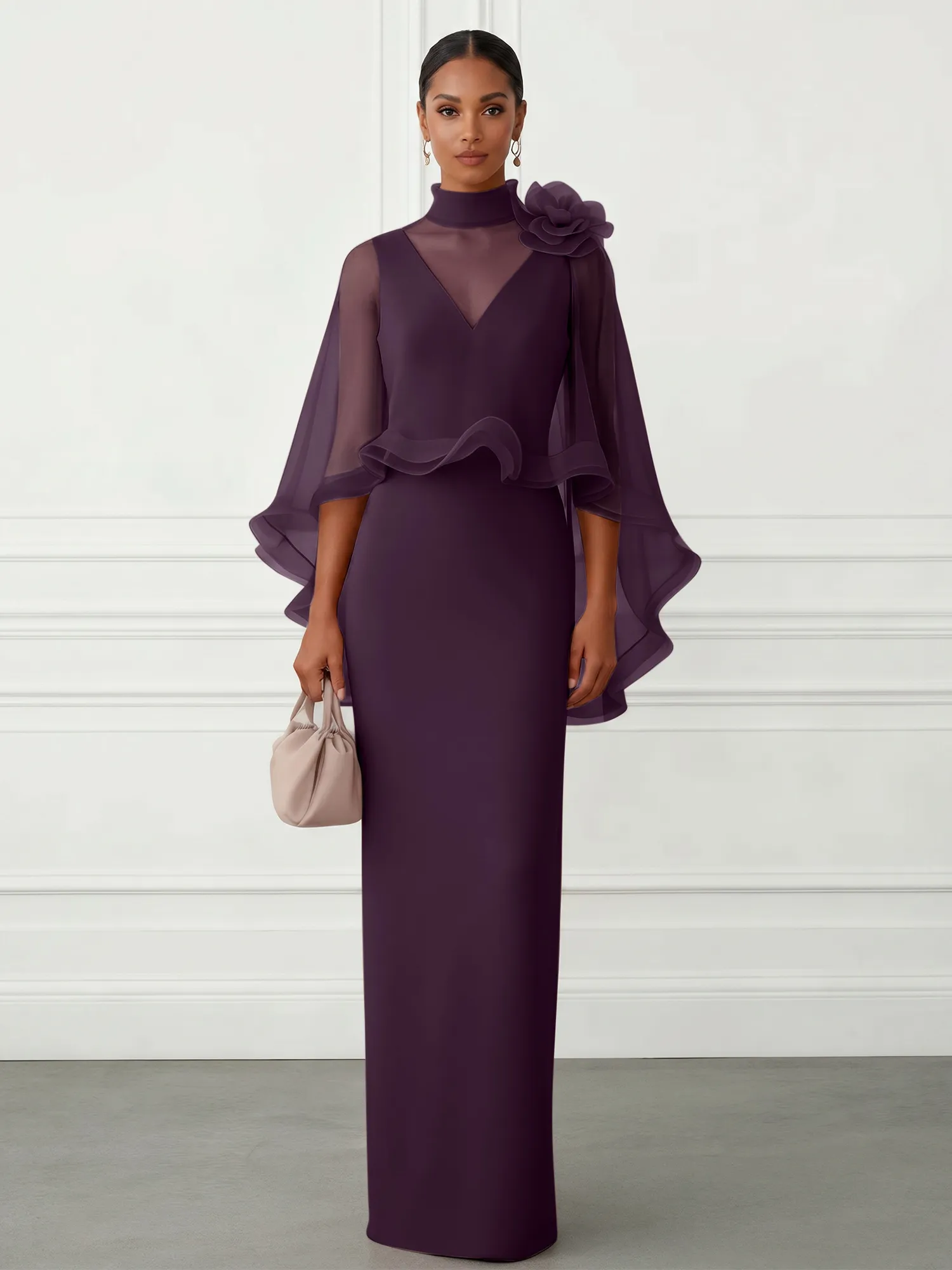 High-Neck Chiffon Cape Sleeve Sheath Evening Gown