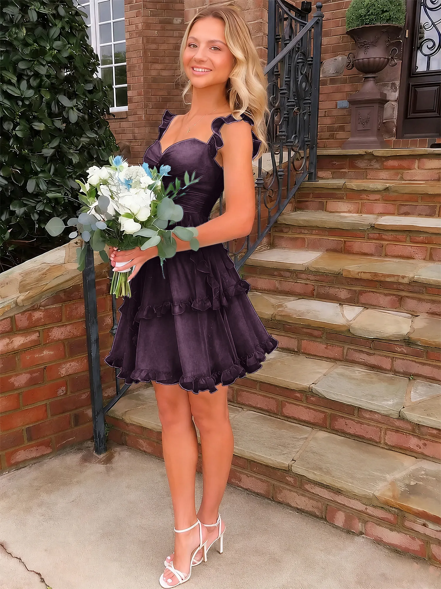A Line Ruffled Tiered Chiffon Homecoming Dress with Lace-Up Back