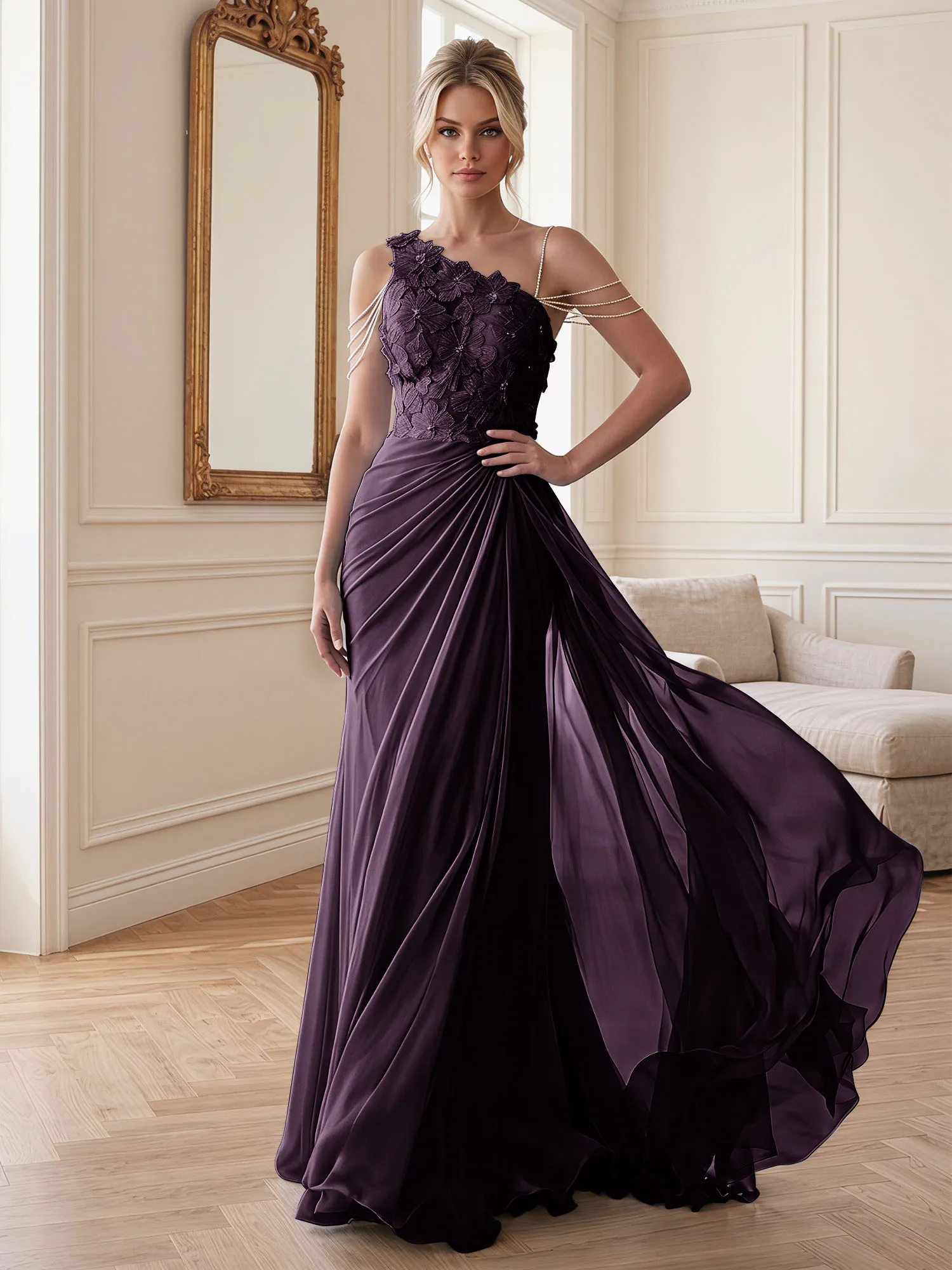 One-Shoulder Floral Lace Chiffon Evening Gown
