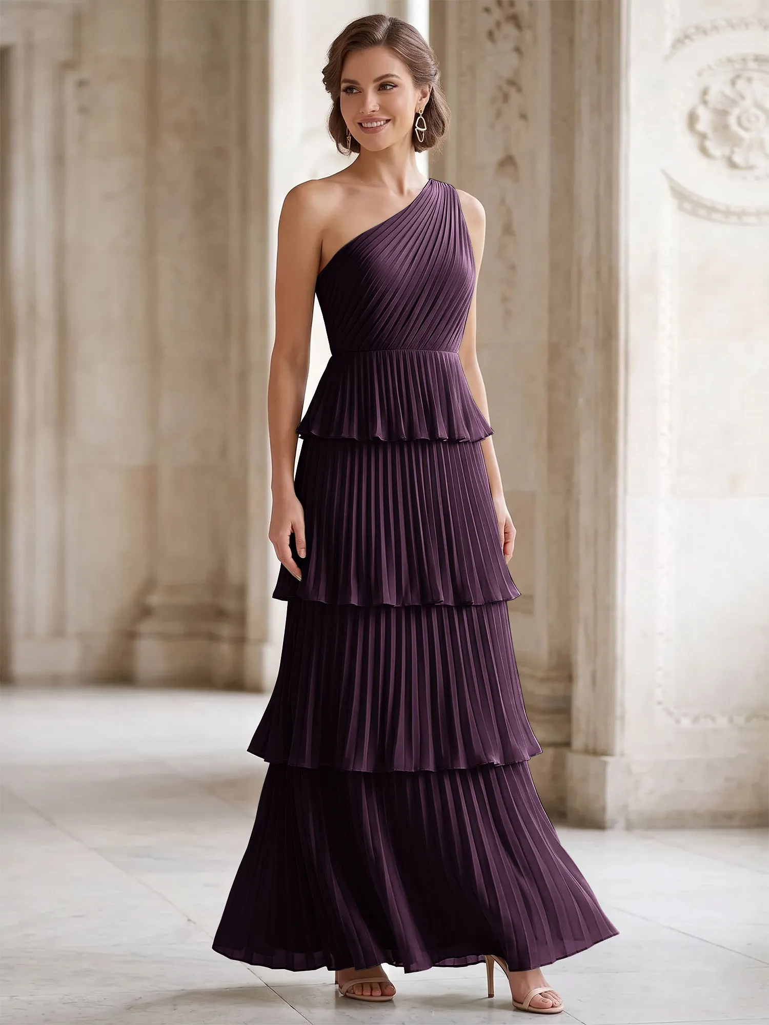 One-Shoulder Tiered Pleated Chiffon Evening Gown