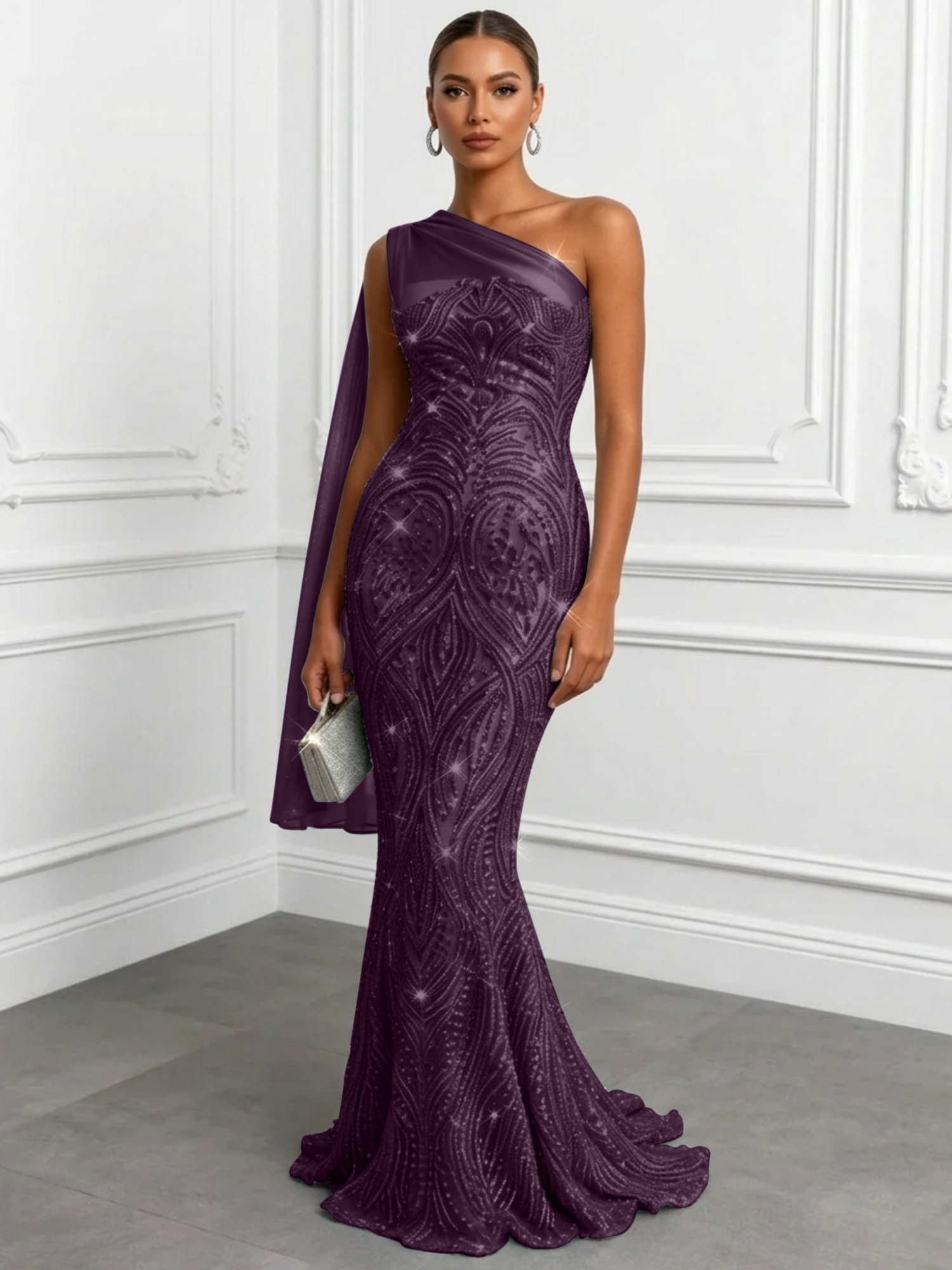 Shimmering Sage One-Shoulder Sequin Mermaid Evening Dress