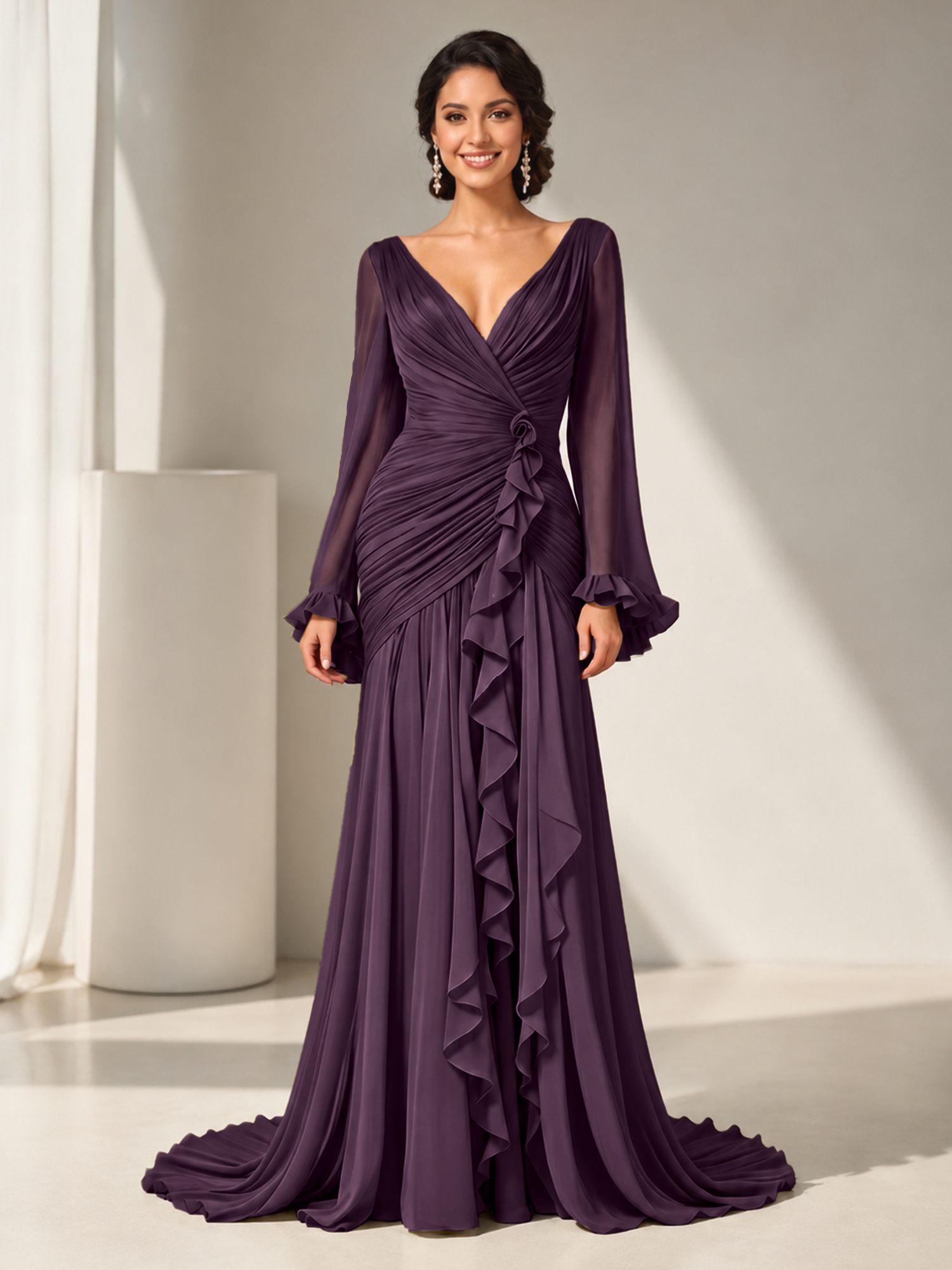Grecian Olive Green Ruched Long-Sleeve Cascading Ruffle Formal Evening Dress