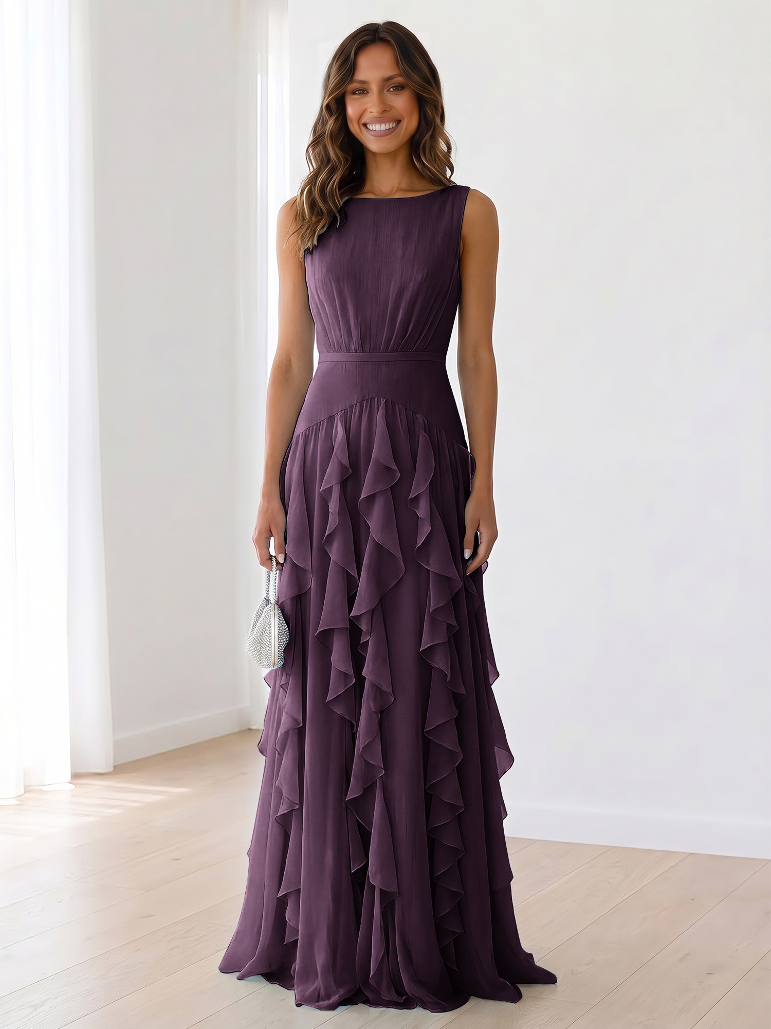 Ethereal Powder Blue Cascading Ruffle Maxi Formal Evening Dress