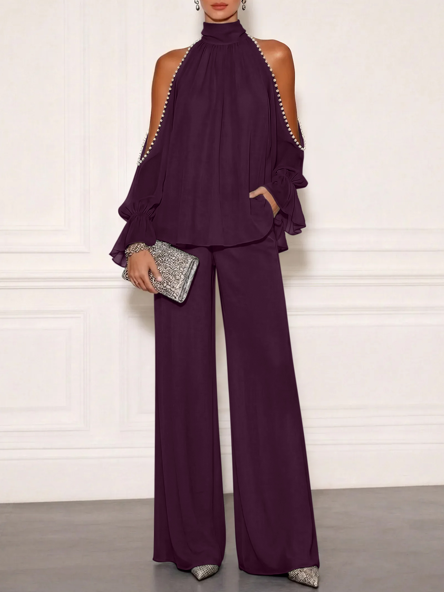 Sophisticated Embellished Cold Shoulder Formal Evening Jumpsuit