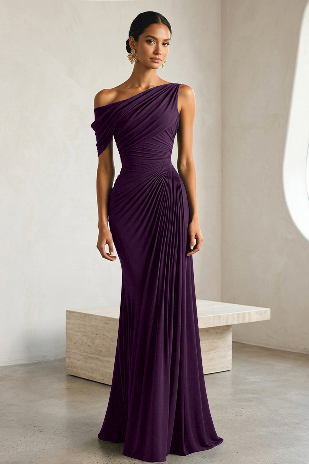Timeless Black Architectural One-Shoulder Sheath Evening Gown